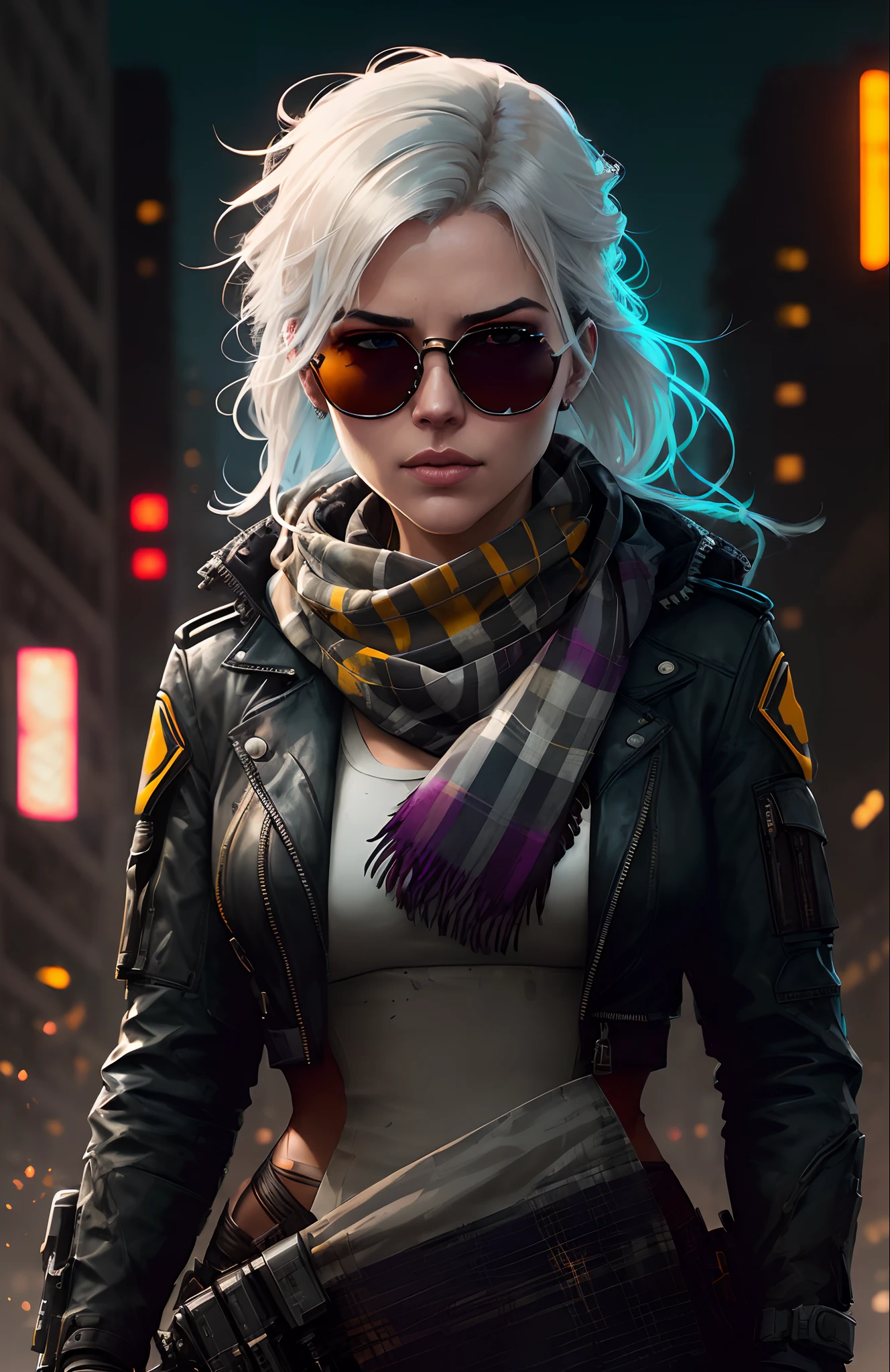 (dark shot:1.1), epic realistic, portrait of halo, sunglasses, blue eyes, tartan scarf, white hair by atey ghailan, by greg rutkowski, by greg tocchini, by james gilleard, by joe fenton, by kaethe butcher, gradient yellow, black, brown and magenta color scheme, grunge aesthetic!!! graffiti tag wall background, art by greg rutkowski and artgerm, soft cinematic light, adobe lightroom, photolab, hdr, intricate, highly detailed, (depth of field:1.4), faded, (neutral colors:1.2), (hdr:1.4), (muted colors:1.2), hyperdetailed, (artstation:1.4), cinematic, warm lights, dramatic light, (intricate details:1.1), complex background, (rutkowski:0.66), (teal and orange:0.4)