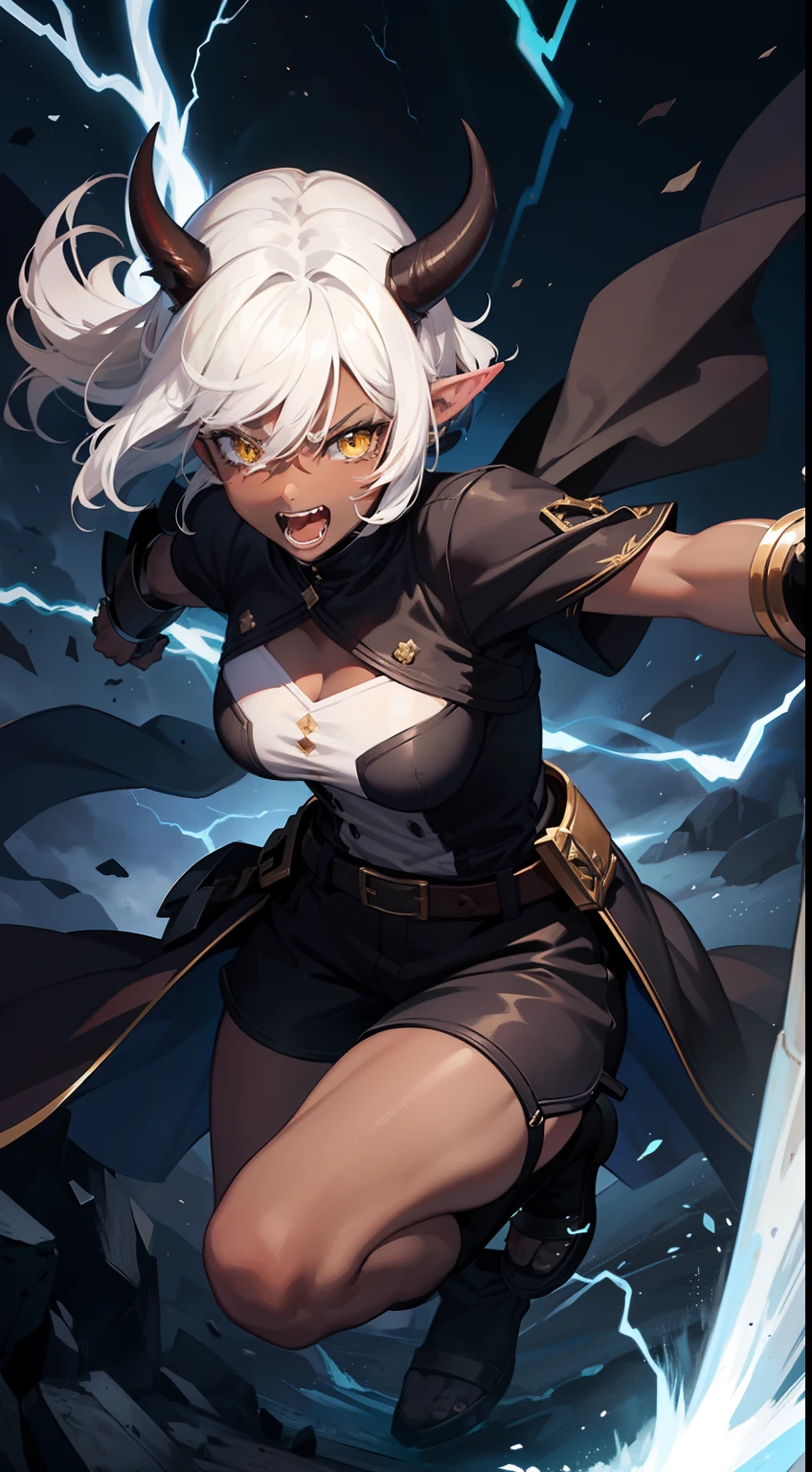 girl,brown skin, hidden arms,long hair, white hair,curly hair,yellow eyes,(((villain,psycho,villain smile, psychopath, angry))), medium boobs,show belly,gold armor outfit, black small shirt,long black stockings, detailed clothes, masterpiece, hyper realistic, high definition,black horns,black pantyhose,elves ears,yellow scarf,close-up,(((standing inside of a castle)))