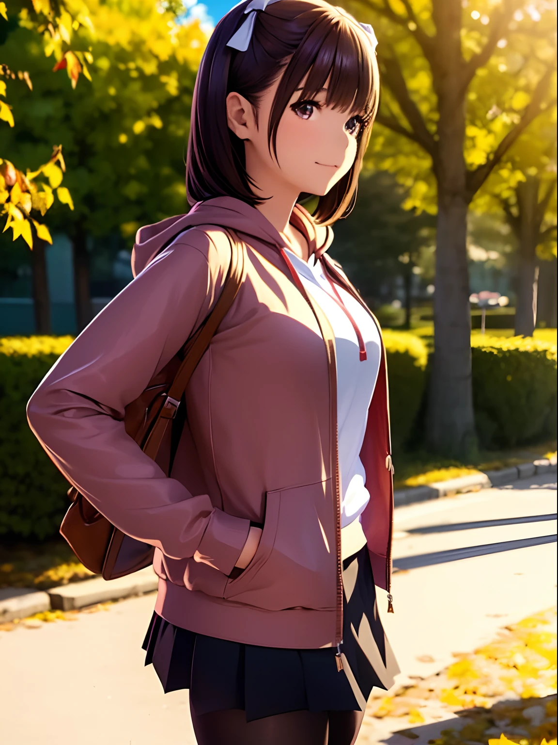 hight resolution,8K,Best Quality,detaileds,semi - realistic anime,Anime 3D Style,Smooth Anime CG,1 girl in,20 year old woman in Japan,slim,modeled,shiny chestnut hair,Medium Hair,Detailed face,Beautiful and detailed eyes,Glowing skin,((Oversized red hoodie)),((Open jacket)),((Brown skirt)),((Black tights)),,a necklace,Autumn twilight,Park of autumn leaves,Maple leaves flutter,Blurry background,portlate,randome pose,Angle from the side