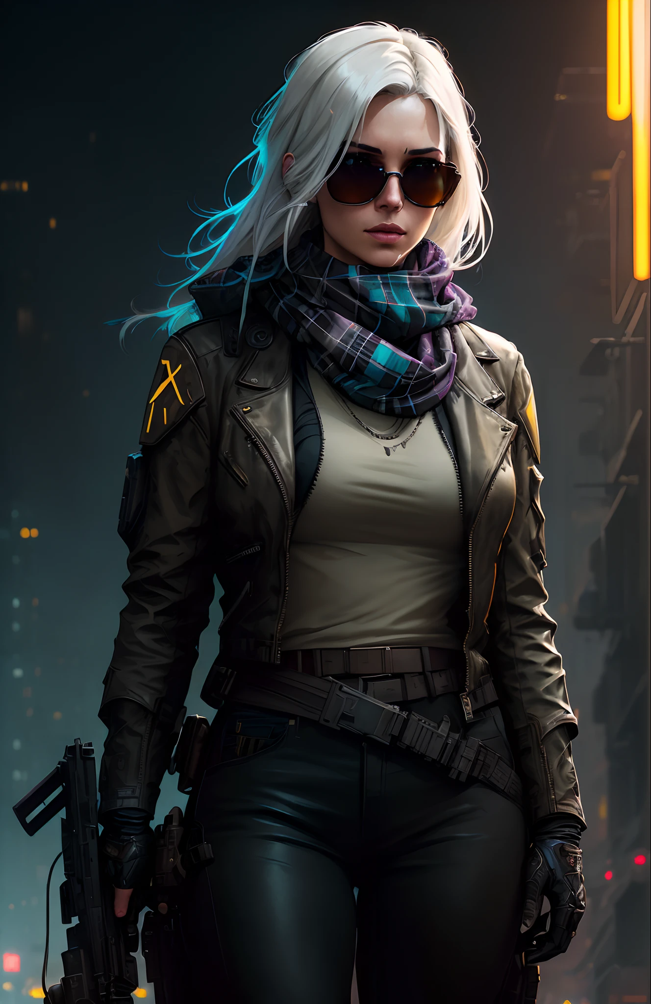 (dark shot:1.1), epic realistic, portrait of halo, sunglasses, blue eyes, tartan scarf, white hair by atey ghailan, by greg rutkowski, by greg tocchini, by james gilleard, by joe fenton, by kaethe butcher, gradient yellow, black, brown and magenta color scheme, grunge aesthetic!!! graffiti tag wall background, art by greg rutkowski and artgerm, soft cinematic light, adobe lightroom, photolab, hdr, intricate, highly detailed, (depth of field:1.4), faded, (neutral colors:1.2), (hdr:1.4), (muted colors:1.2), hyperdetailed, (artstation:1.4), cinematic, warm lights, dramatic light, (intricate details:1.1), complex background, (rutkowski:0.66), (teal and orange:0.4)