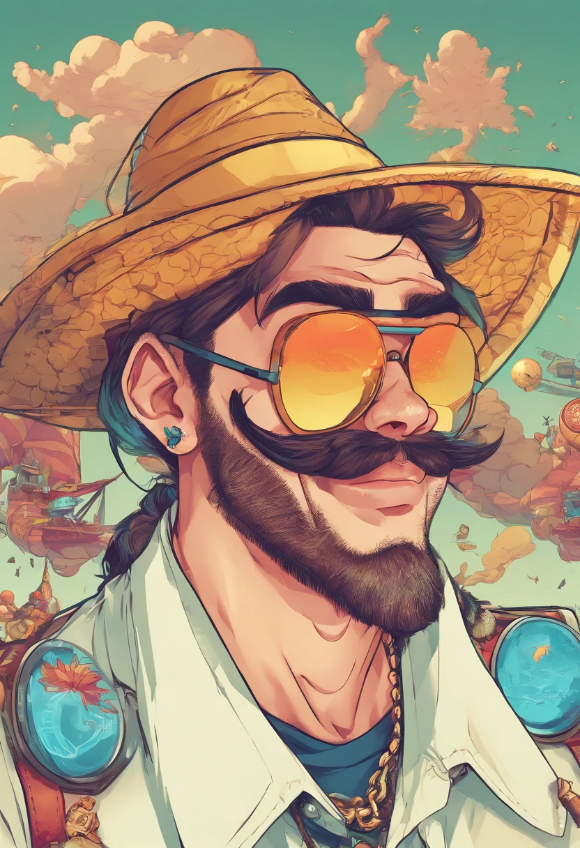 ((High dynamic range))Adult males、bule、Hair color、argent、[[a necklace]]、[[mustache]]、[[piercings]]、((ultra-detailliert))Black sunglasses、Black hat、white t-shirts、Cartoon in a black suit、Wind Illustration, cartoon artstyle, cartoon artstyle, in digital illustration style, highly detailed character design,, Portrait Character Design, beautiful digital illustrations, high quality portrait, Cartoon art, Portrait of a character design、