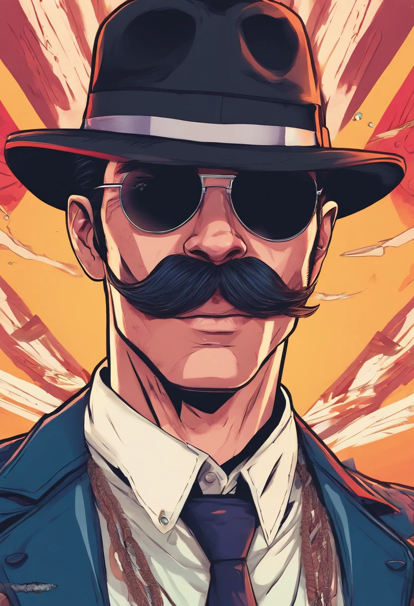 ((High dynamic range))Adult males、bule、Hair color、argent、[[a necklace]]、[[mustache]]、[[piercings]]、((ultra-detailliert))Black sunglasses、Black hat、white t-shirts、Cartoon in a black suit、Wind Illustration, cartoon artstyle, cartoon artstyle, in digital illustration style, highly detailed character design,, Portrait Character Design, beautiful digital illustrations, high quality portrait, Cartoon art, Portrait of a character design、