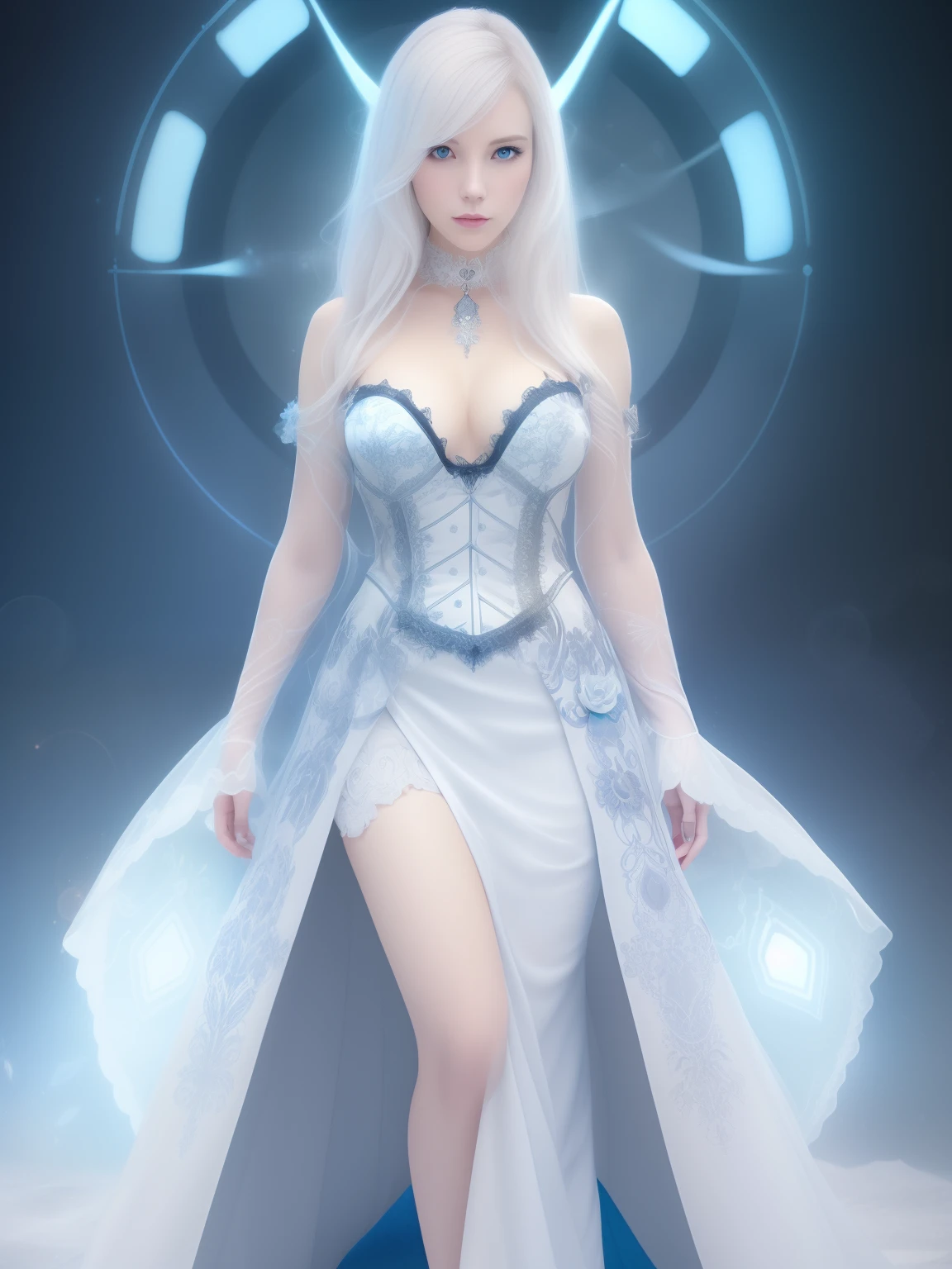 Erin Moriarty, photorealistic beautiful woman, light hair, full body, detailed perfect eyes, cover, hyperdetailed painting, luminism, 4k resolution, WLOP, realistic steampunk, fractal isometrics details bioluminescens : a stunning realistic photograph 25 years, white platinum hair, octane render, intricately detailed, cinematic, Centered hipereallistic cover photo, awesome full color, dark atmosphere, cinematic, white and blue exotic dress, blurred steampunk background