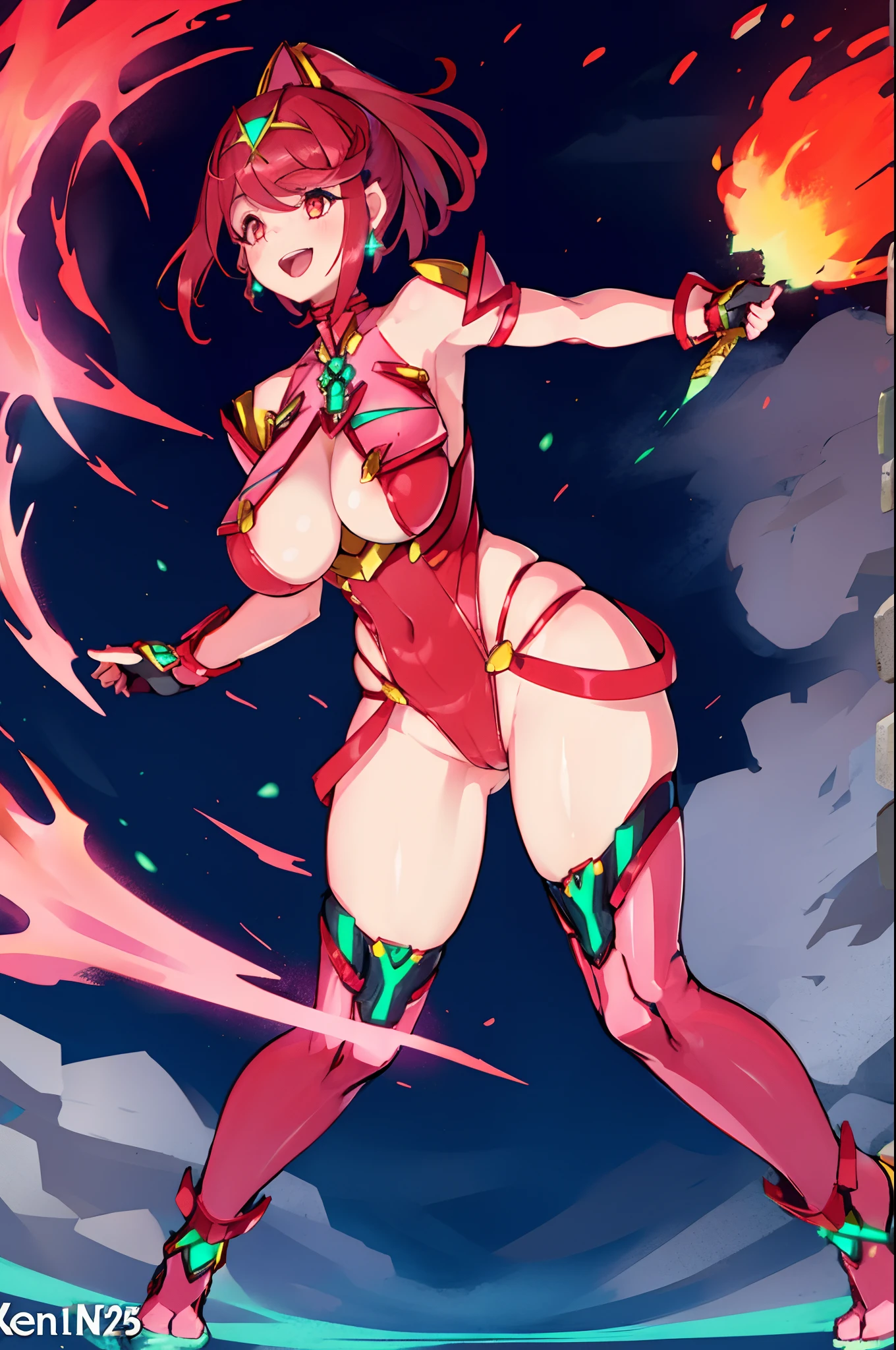 pyra \(xenoblade\), _1girl, lolings, black gloves, breasts, red eyes, shout, earrings, eyelashes, fingerless gloves, floating hair, , gem, gloves, hair ornament, headpiece, jewelry, big_breasts, leaning back, swimsuit, neon trim, official art, pose, red hair, saitou masatsugu, short hair, sidelocks, skin tight, solo, swept bangs, thighhighs, tiara, fantasy_town_background, underbust, xenoblade chronicles \(series\), (xenoblade chronicles 2), (spread_legs:1.1), fire_effect,dynamic_pose,fighting,light_smile, (plump:1.1), big_ass,huge_sword, hold_large_sword_hilt, covered_nipples, covered_pussy, fists,ponytail,beautiful_fingers,(solo:1.1), bare_shoulder,(shoulder_naked:1.2)