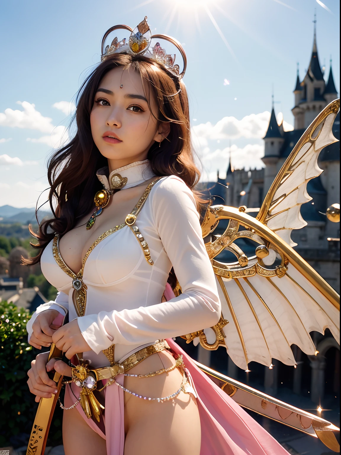 (A smile), Professional , masterpiece、top-quality、photos realistic , depth of fields (Gemstone White Metal Body:1.9),(Matte White Pink、Jewel Gold Weapon、(Gorgeous castle background)、(ultimate beauty girl)、(Rainbow fairy wings grow)、Particles of light、(Metal body of iridescent gemstones:1.9),Gorgeous Jewel Metal Weapons ,(maikurobikini)、 Detailed Sword of the Brave ,( Pink hair) ,warhammer 40k , adepta sororitas,Detail and ornate jewel crown、独奏、Brown hair、Mystical expression、cleavage of the breast、(Gangle's forest background)、Beautiful Caucasian beauty、1a person、dynamic ungle,(((Diamond tiara with detail and luxury)))、a small face、Powerful poses、(Gorgeous castle background)、huge filesize、A girl、Stand in the center of the screen、Thin female fingers、Straight long hair、Beautiful Caucasian beauty、(maikurobikini)、Hair fluttering in the wind、Look at viewers、(Armpit)、Toostock、