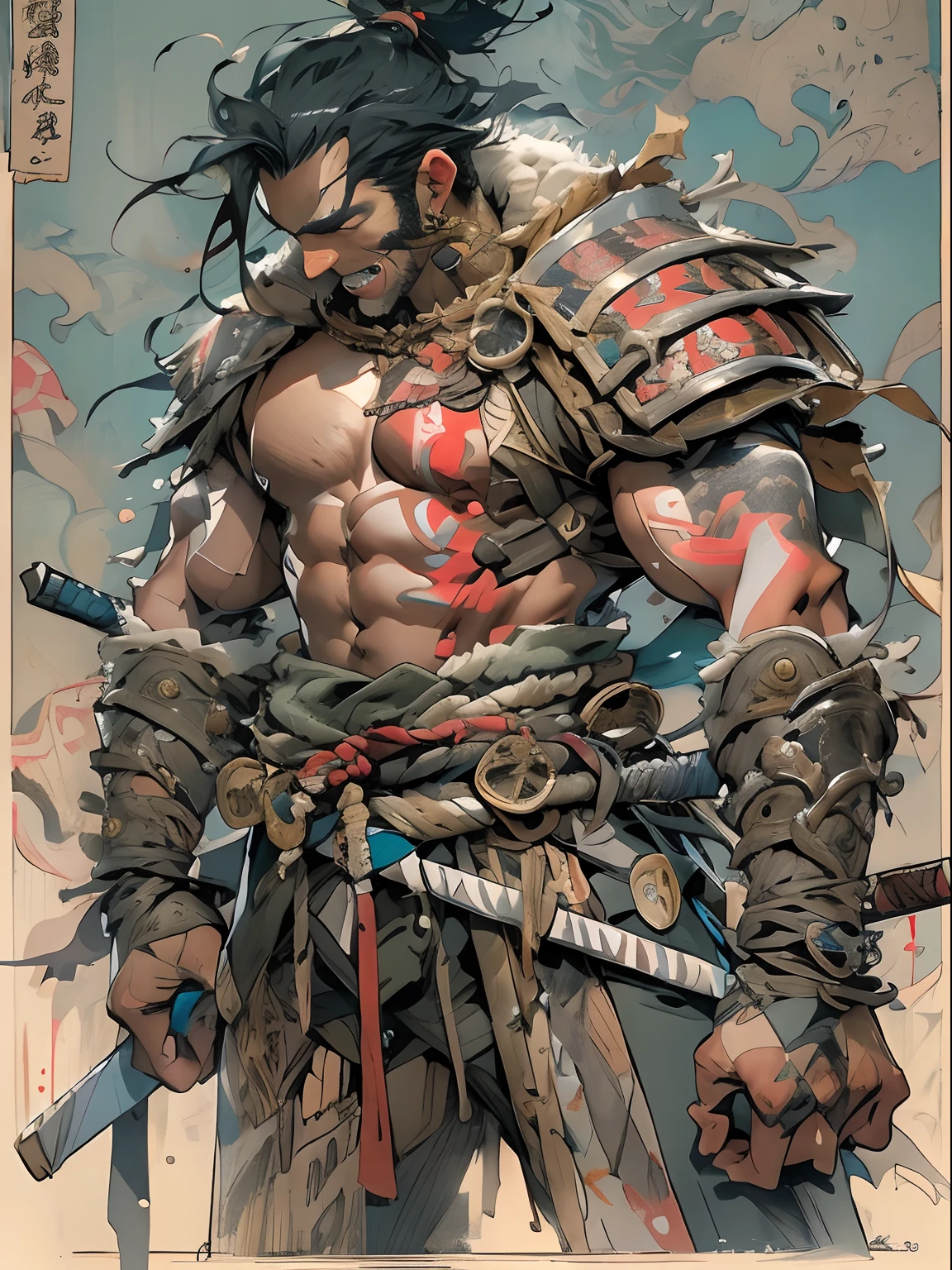 (((mtu))), (((best qualityer))), (((tmasterpiece))), (((AS-Adult))), ((( Japanese ))), Look up from your knees, Handsome Asian samurai，perfect body figure, Modern samurai, ((( Asian))), Wear gloves on your hands，The left arm is made of steel and metal tips，Made of protective devices, The eyes are pulled, (( Appears below the chest )), (( Small dental floss )), Simon Bisley, Almost naked（Simon Bisley）Castle City Wilderness，For high-resolution posters, hair straight, Minimum clothing, armure (Crazy clothes ), Full of tips and rivets, tribal tattoos, (((full bodyesbian))), Straight brunette hair，Colored hair ends