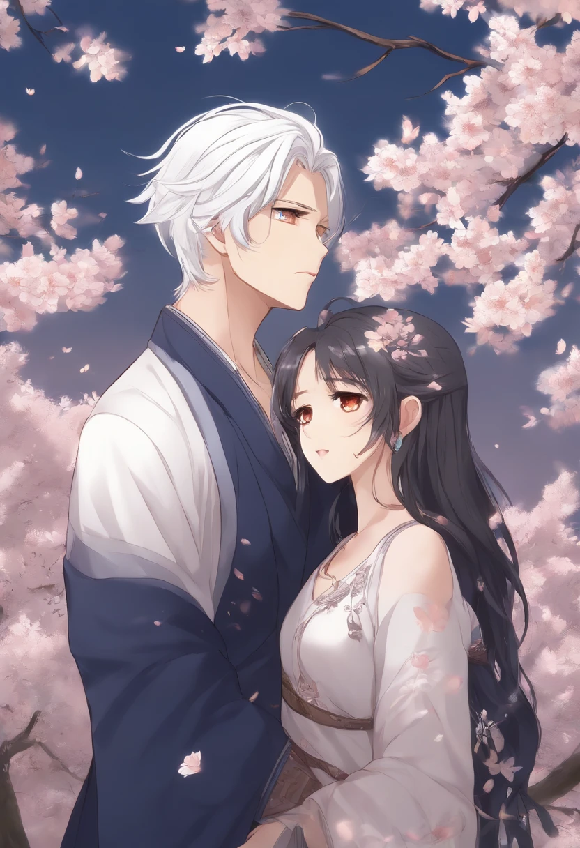 A white hair anime handsome, good looking yet mature boy wearing dark blue jacket , palms in the bunk of a large cherry blossom tree, he is looking at it . sakuras are scattering in the wind . an pretty anime girl with black hair standing afar with her back to the boy . wind is blowing , she looks back holding the locks of her hair
