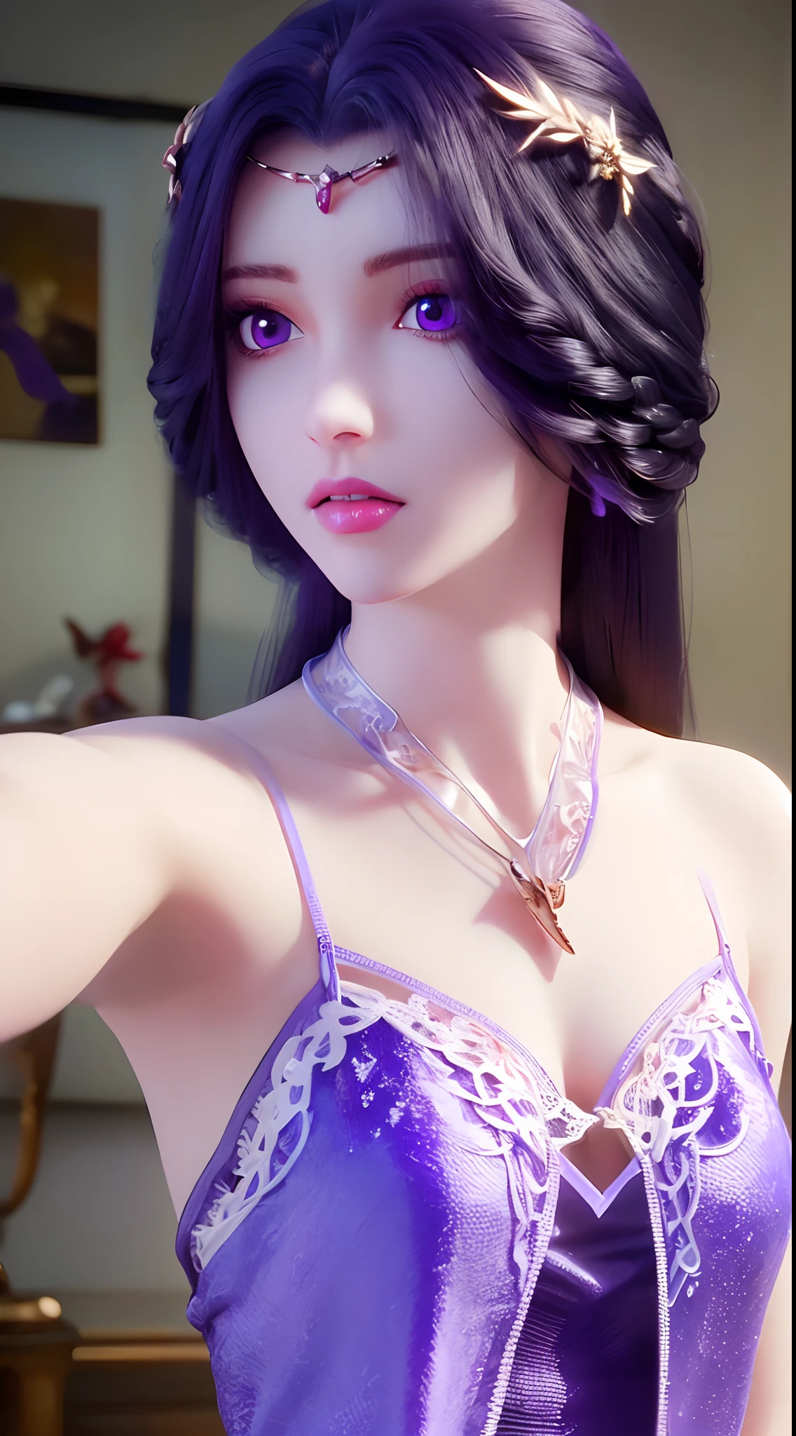 A beautiful sexy 20 year old girl, ((wearing a silk camisole and a very thin and sexy antique dress:1.8)), Extremely voluptuous girl in a small camisole, long hair and purple bangs, most beautiful and detailed hair jewelry, ((wearing a light purple lace necklace:1.6)), Super cute little face Extremely beautiful face, thin eyebrows, the most beautiful and flawless face, ((black eye pupil:0.8)), very beautiful eyes, ((purple eyes:1.4)), hairy beautiful and detailed makeup eyelashes, high nose, earrings,thin lips, plump red lips, ban on laughing, beautiful lips, slender arms, The most beautiful thighs, ((2 arms reaching out to the sides: 1.5)), healthy limbs, rosy face, clean face, beautiful face without blemishes, smooth white skin, (big breasts: 1.5)), Blums breasts, beautiful cleavage, ((big and super round breasts: 1.8)), ((super tight breasts: 1.4)), ((breast augmentation: 1.6)), beautiful breasts, 2 hands behind your back, upper body of a beautiful girl, 8k photo, super high quality, super realistic, 10x super pixels, actual photo, dark studio, border light, two-tone lighting color, (high detail skin: 1.2), 8k ultra, soft light, high quality, volumetric light, candid, Photo, high resolution, light, best photo, 4k quality, 8k, bokeh, Smooth and sharp, 10x pixelated, (galaxy: 1.7), aurora, lightning, super graphics, most realistic graphics, alone, solo, Extremely sharp, surreal image, ((frontal portrait :1.2))."