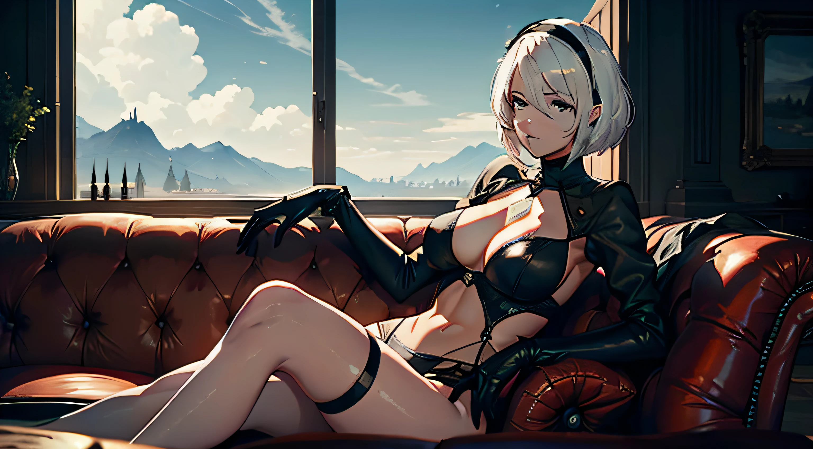 A2, nier automata, debout, décolleté, gros seins, taille fine, long cheveux blancs, paysage post apocalypse, leaning on a sofa