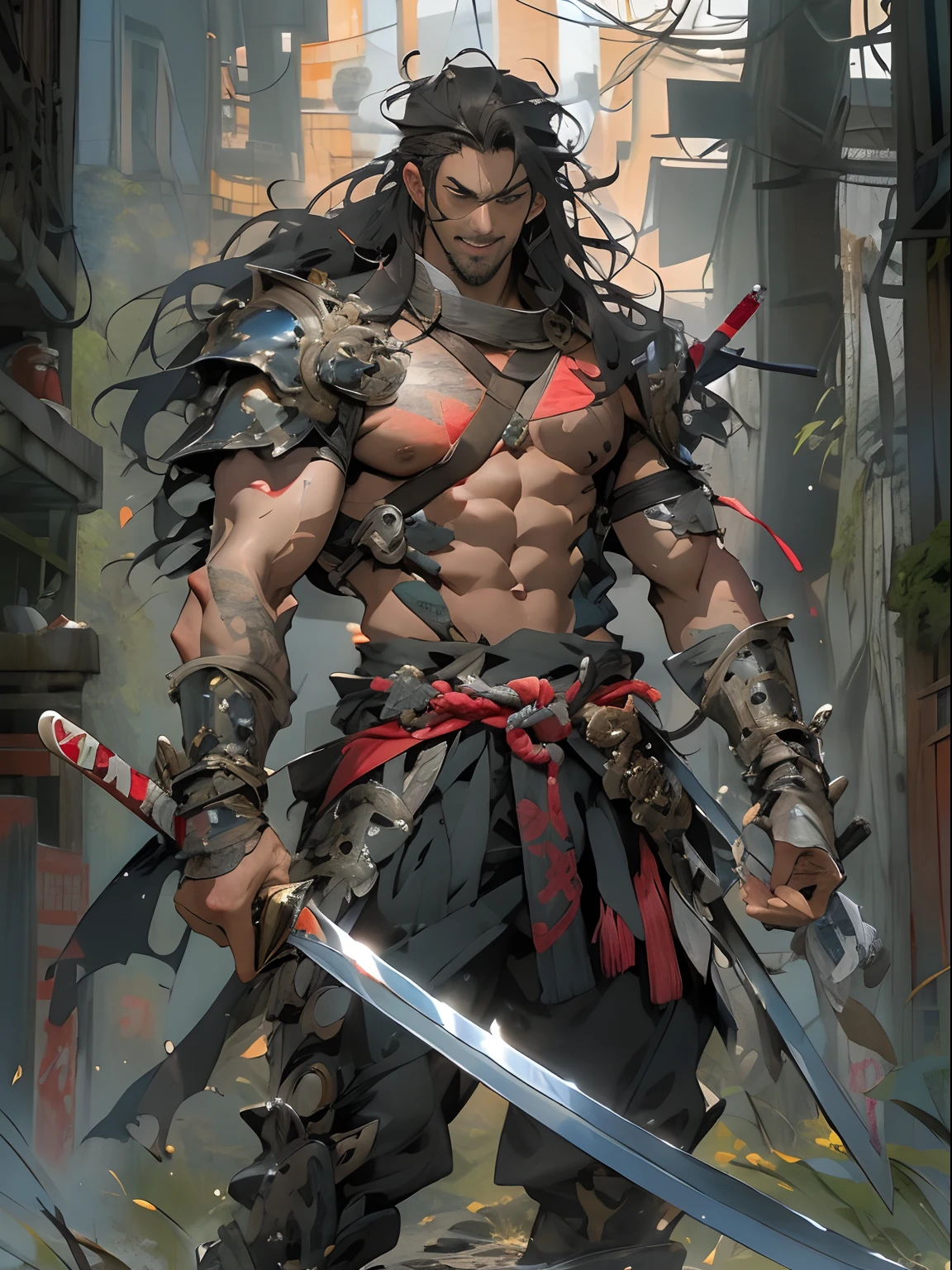 (((mtu))), (((best qualityer))), (((tmasterpiece))), (((AS-Adult))), ((( Japanese ))), Look up from your knees, Handsome Asian samurai,perfect body figure, Modern samurai, ((( Asian))), Wear gloves on your hands,The left arm is made of steel and metal tips,Made of protective devices, The eyes are pulled, (( Appears below the chest )), (( Small dental floss )), Simon Bisley, Almost naked(Simon Bisley)Castle City Wilderness,For high-resolution posters, hair straight, Minimum clothing, armure (Crazy clothes ), Full of tips and rivets, tribal tattoos, (((full bodyesbian))), Straight brunette hair,Colored hair ends