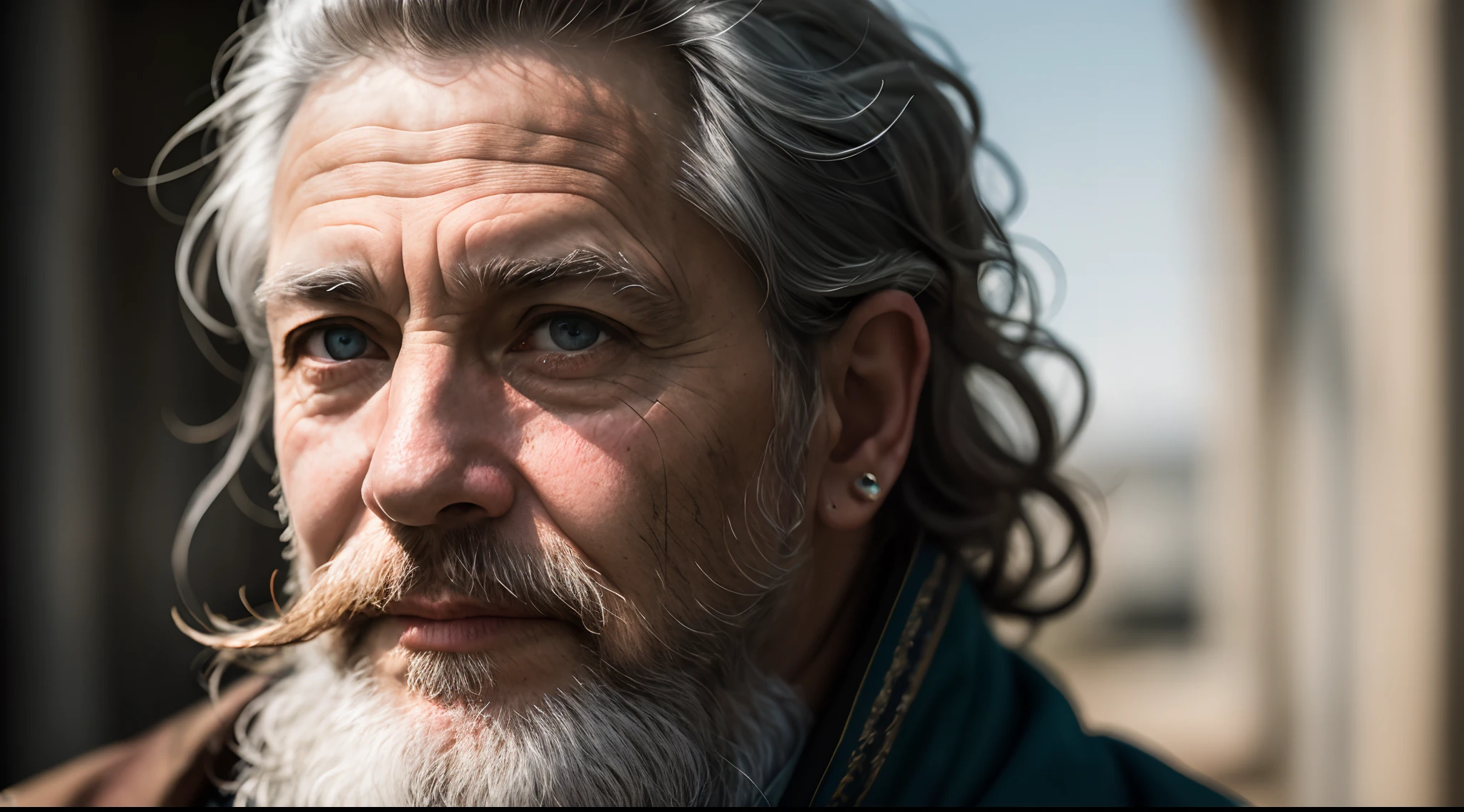 A portrait of a wizard, bearded, wrinkled, weathered, with piercing eyes, detailed face, high details, photography, natural light, Nikon D850, 50mm, f/1.4