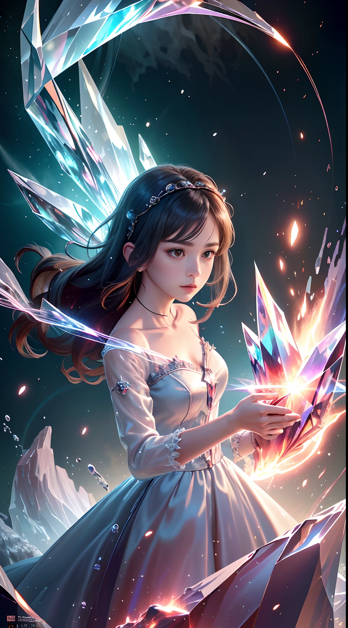 (masterpiece, top quality, best, official art, beautiful and aesthetically pleasing, long exposure: 1.2), smooth movement, charming pattern, 1 girl, (long skirt with sleeves: 1.3), red dress, upper body close-up, Strapless, Chinese girl, freckles, black lob hair, portrait, solo, upper body, gaze at the observer, detailed background, detailed face, (crystallineAI, crystalline theme:1.1), elemental fire sprite, spinning fire, control fire, ruby&#39;s Clothes, dynamic poses, floating particles, ethereal dynamics, fire, steam, lava in the background, red tones, volcanoes, ethereal atmosphere,