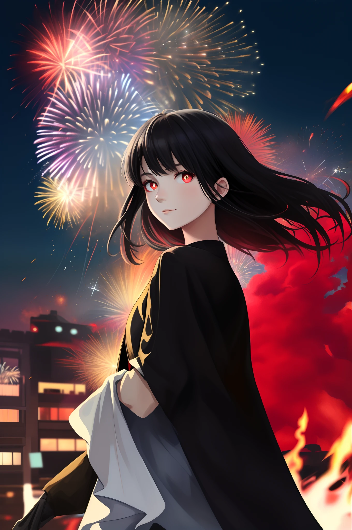 1girll,sideface,Sideways, Expose the whole body,Nice face,red pupils,Gray-black hair,Fireworks in bloom,Colorful fireworks,fire works,daysies,Floating in the sky,brightly,cheerfulness,Warm and soft lighting,early evening,Blue,light cloud,Bar cloud