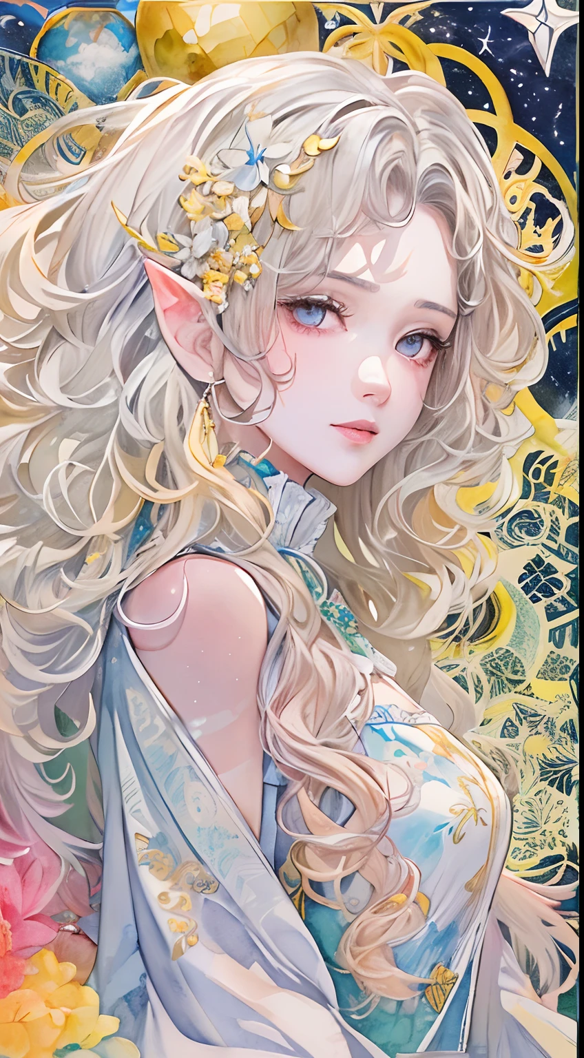 (tmasterpiece、top-quality、top-quality、watercolor paiting(curly)、offcial art、aestheticly pleasing:1.2)、(1girl in:1.3)、(Fractal art:1.3)、The upper part of the body、From the side Side、looking at viewert、patterns、(colorfulhair、Half-blonde，Half of the hair is silver:1.2)、Eau、liquids、​​clouds、Extremely colorful、starrysky、stone monument、tarot cards，the elf，