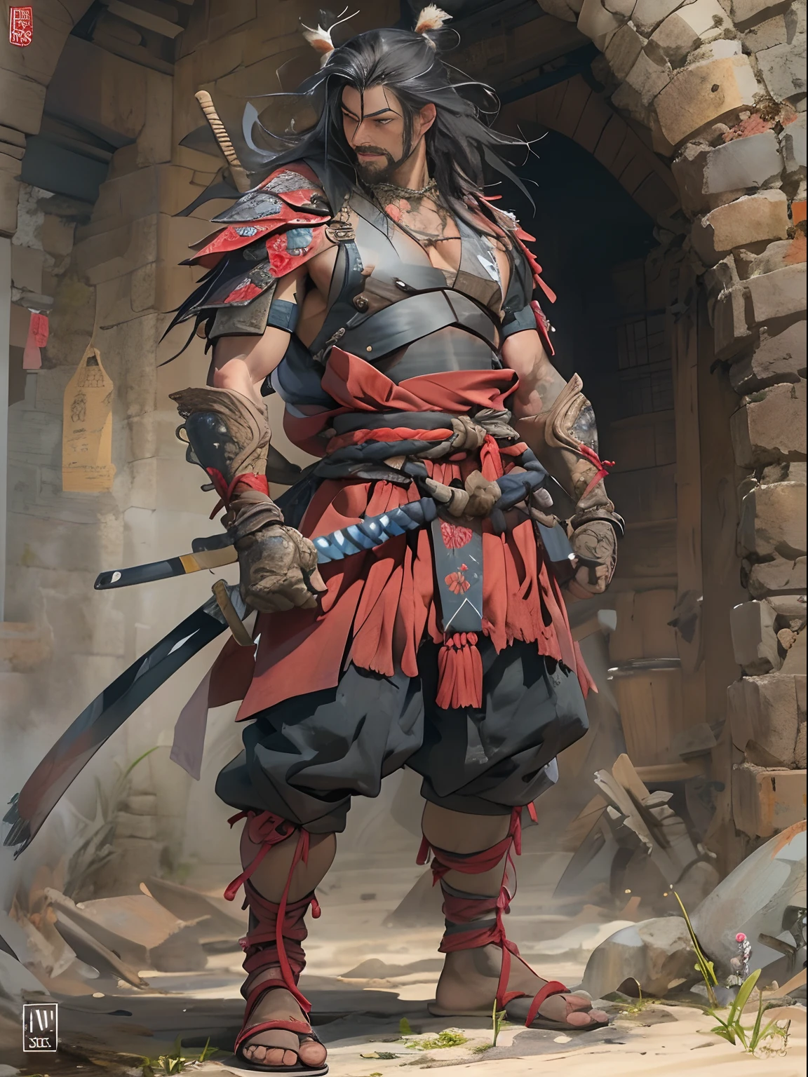 (((mtu))), (((best qualityer))), (((tmasterpiece))), (((AS-Adult))), ((( Japanese ))), Look up from your knees, Handsome Asian samurai，perfect body figure, Modern samurai, ((( Asian))), Wear gloves on your hands，The left arm is made of steel and metal tips，Made of protective devices, The eyes are pulled, (( Appears below the chest )), (( Small dental floss )), Simon Bisley, Almost naked（Simon Bisley）Castle City Wilderness，For high-resolution posters, hair straight, Minimum clothing, armure (Crazy clothes ), Full of tips and rivets, tribal tattoos, (((full bodyesbian))), Straight brunette hair，Colored hair ends