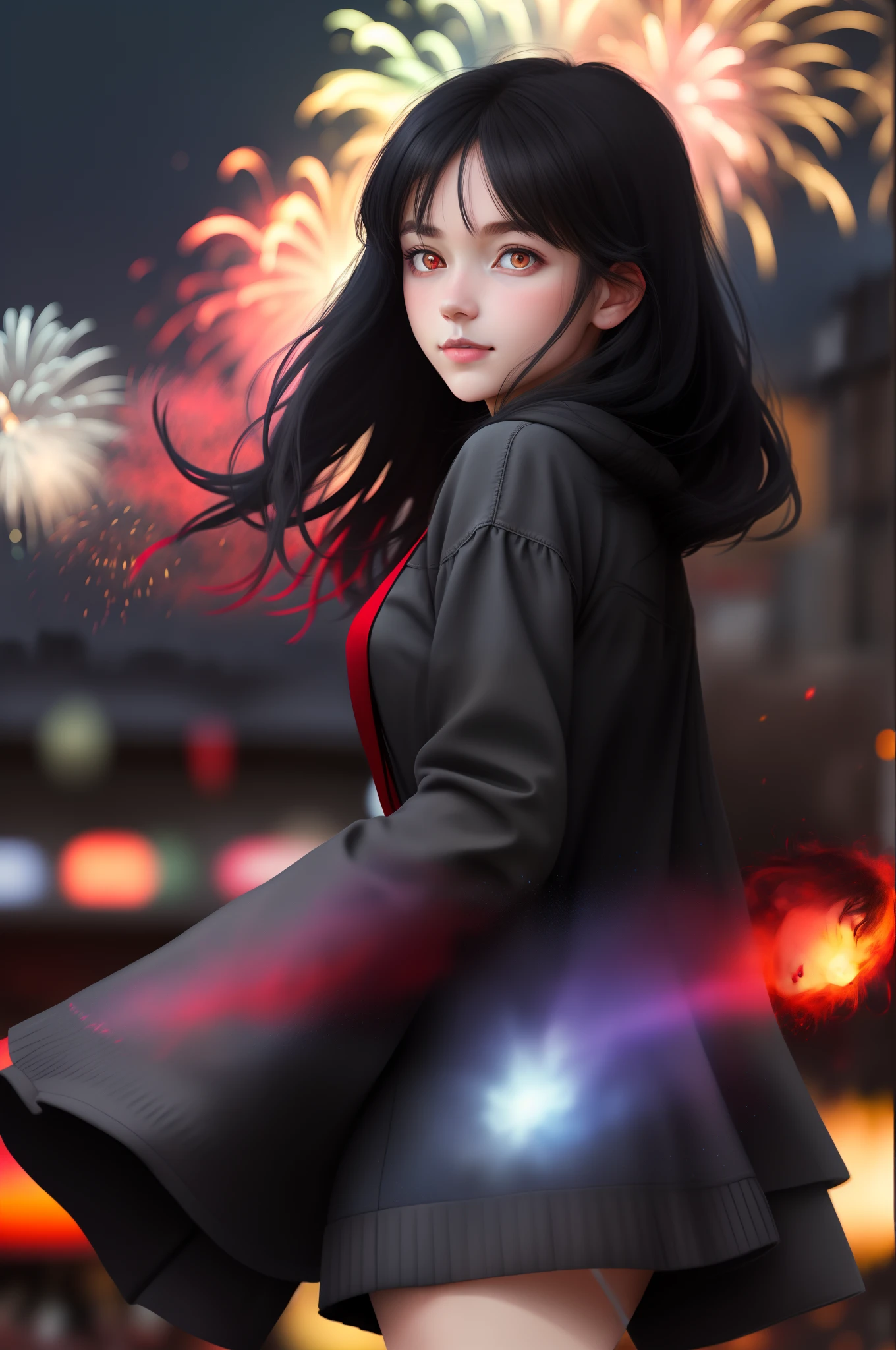 1girll,sideface,Sideways, Expose the whole body,Nice face,red pupils,Gray-black hair,Fireworks in bloom,Colorful fireworks,fire works,daysies,Floating in the sky,brightly,cheerfulness,Warm and soft lighting,early evening,Blue,light cloud,Bar cloud