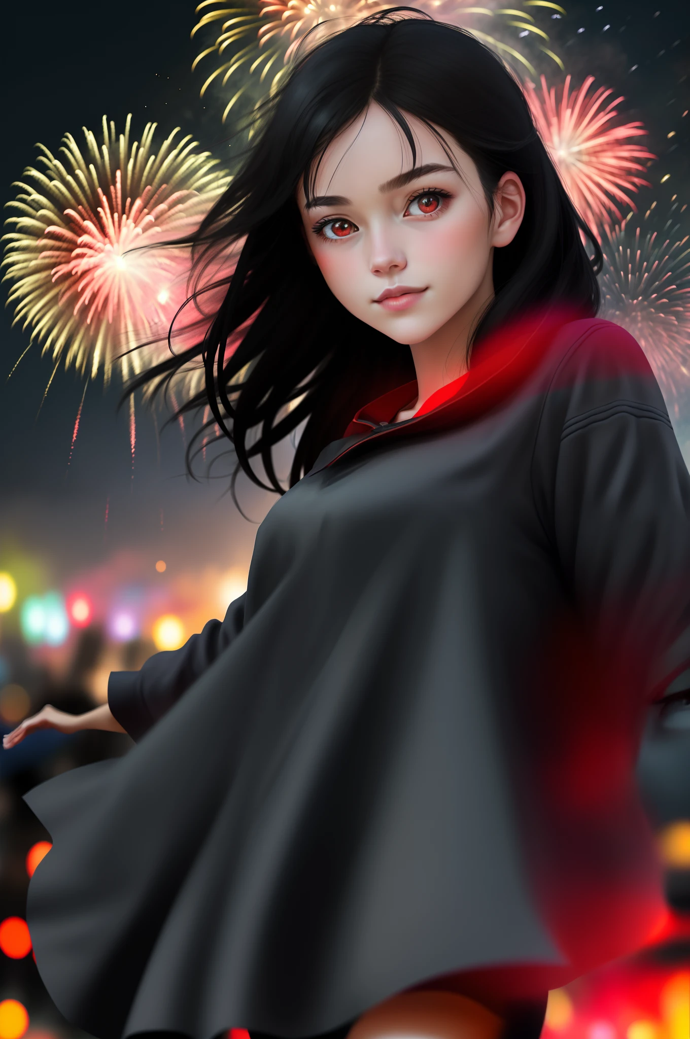 1girll，sideface，Sideways， Expose the whole body，Nice face，red pupils，Gray-black hair，Fireworks in bloom，Colorful fireworks，fire works，daysies，Floating in the sky，brightly，cheerfulness，Warm and soft lighting，early evening，Blue，light cloud，Bar cloud