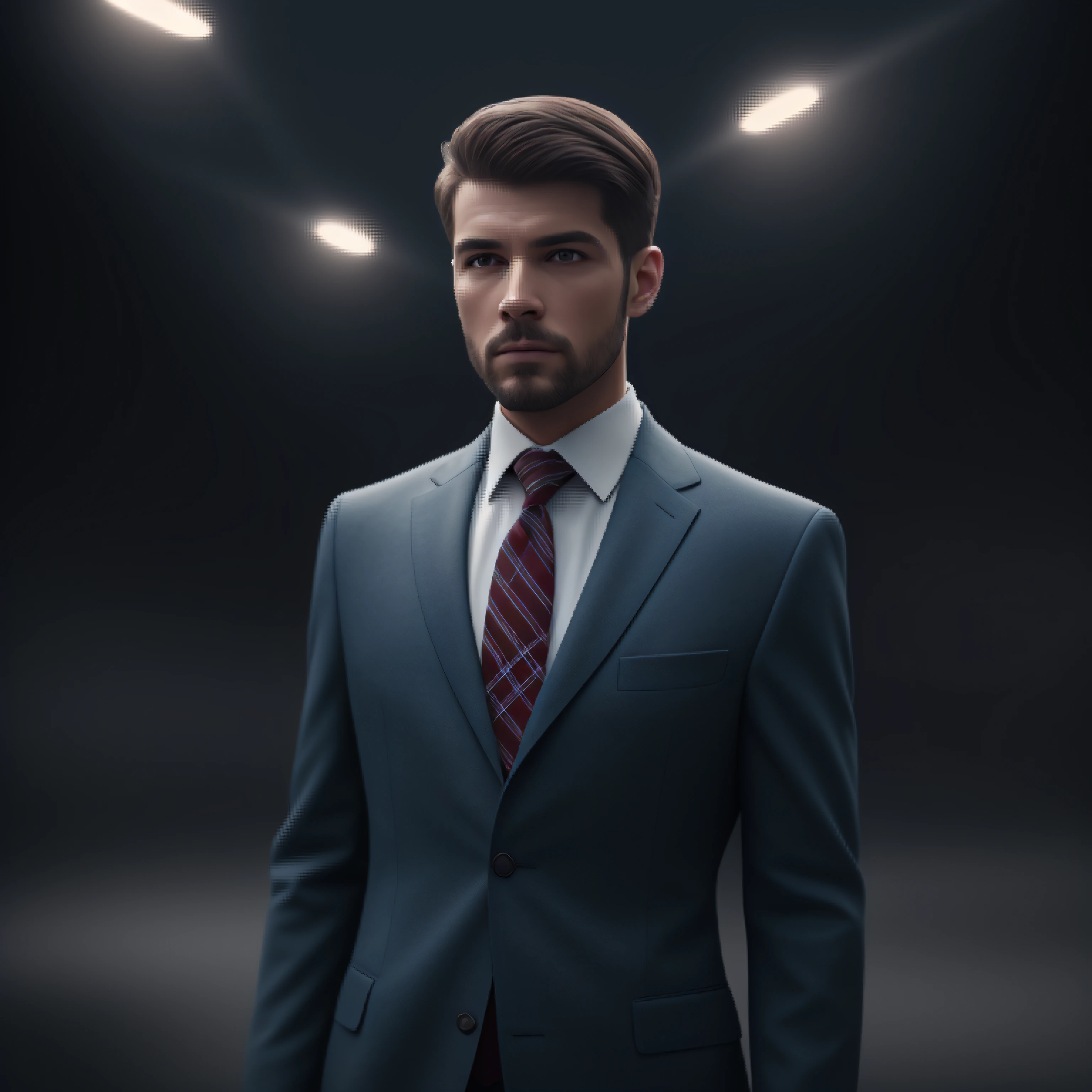 A man standing in a suit and tie for 30 years, body and head straight in photo, DSRL, facing the viewer of the photo, eyes fixed on the lens, shoulders and head appearing in the photo, man centered in photo, 8k, best quality, masterpiece, realistic, realistic photo, cinematic photo, ultra-realistic, 1 person, detailed, perfect lighting, DSRL, professional photo, 4k, purified fibrine wool fabric