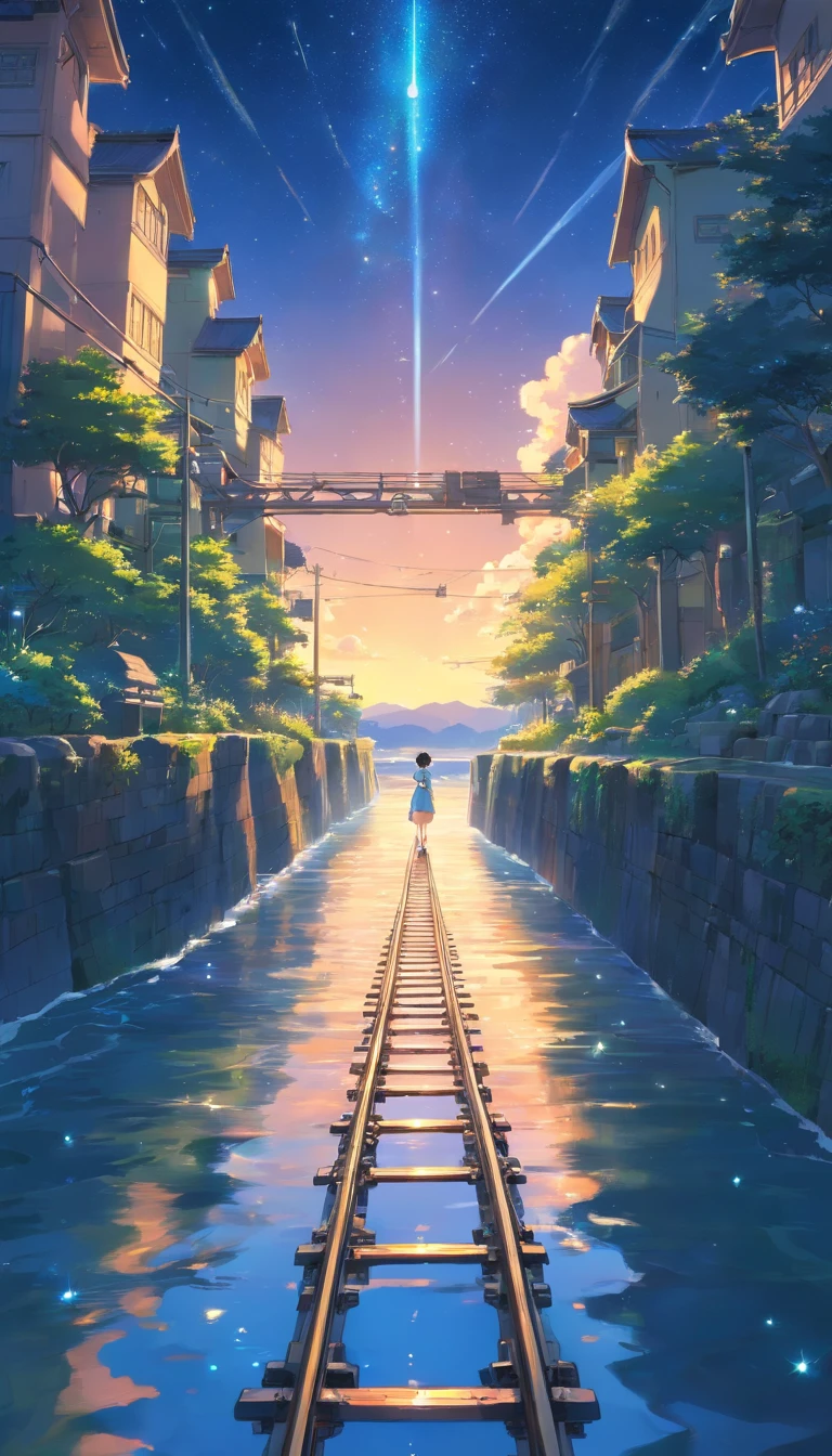 High quality masterpiece ,scenecy,Anime train passing through bodies of water on tracks, Glittering starry sky。Romantic train,Pisif,concept-art,Lofi art style,Reflectors。 By Makoto Shinkai, Lofi art, beautiful anime scenes, Anime landscapes, Detailed scenery —width 672, in the style of makoto shinkai, Makoto Shinkai's style,Detail enhancement