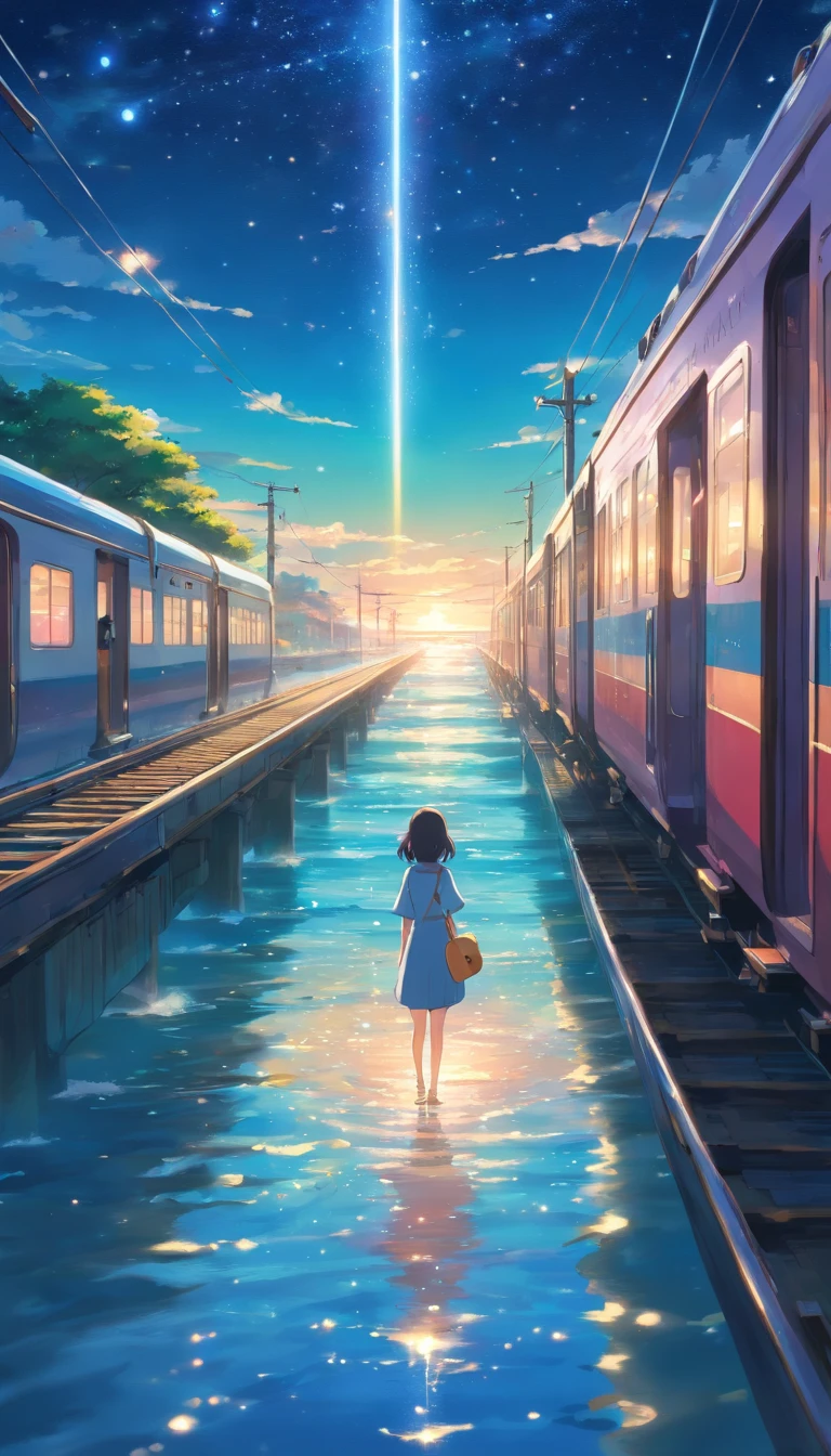 High quality masterpiece ,scenecy,Anime train passing through bodies of water on tracks, Glittering starry sky。Romantic train,Pisif,concept-art,Lofi art style,Reflectors。 By Makoto Shinkai, Lofi art, beautiful anime scenes, Anime landscapes, Detailed scenery —width 672, in the style of makoto shinkai, Makoto Shinkai's style,Detail enhancement
