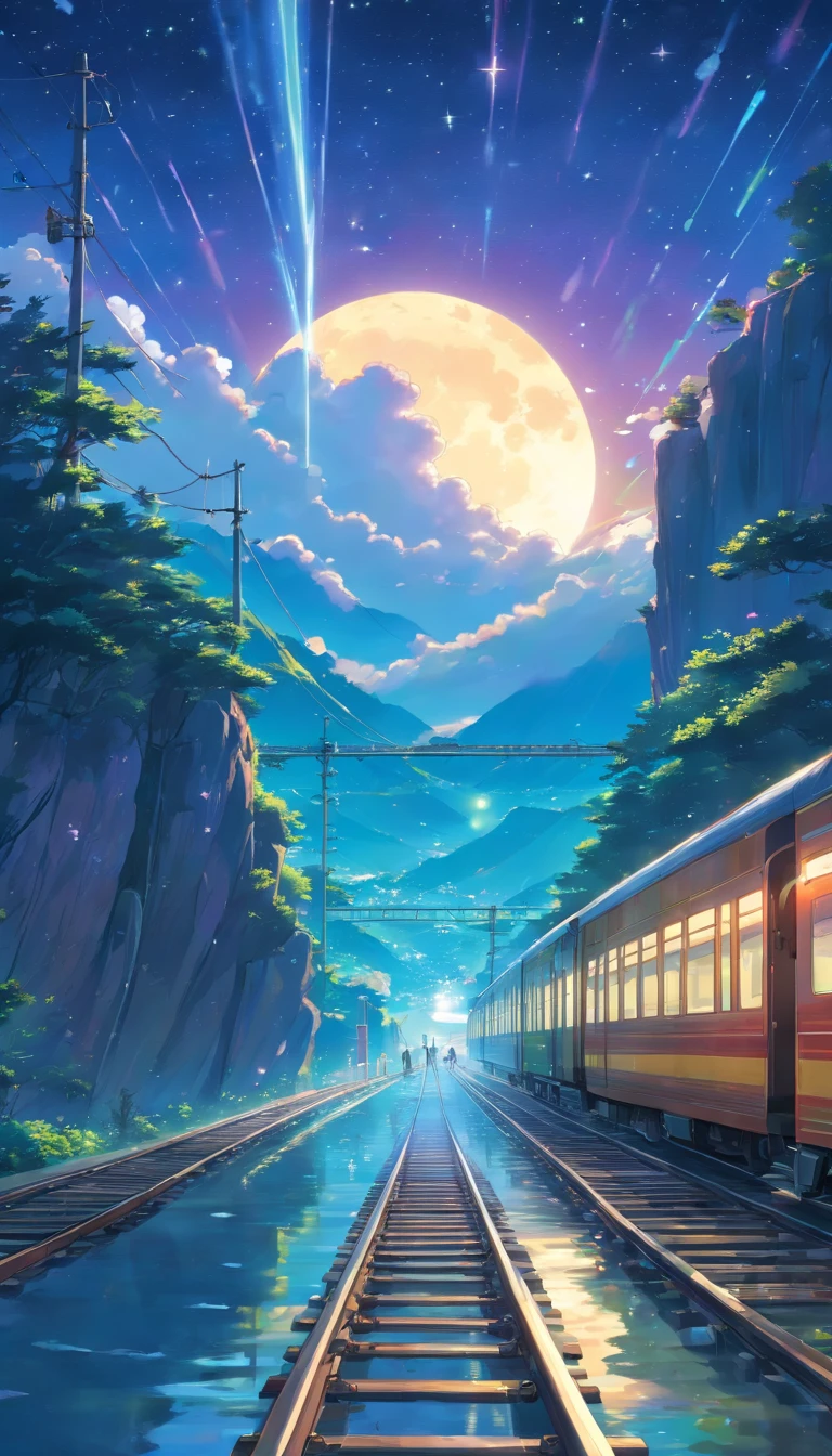 High quality masterpiece ，scenecy，Anime train passing through bodies of water on tracks， Glittering starry sky。Romantic train，Pisif，concept-art，Lofi art style，Reflectors。 By Makoto Shinkai, Lofi art, beautiful anime scenes, Anime landscapes, Detailed scenery —width 672, in the style of makoto shinkai, Makoto Shinkai's style，Detail enhancement