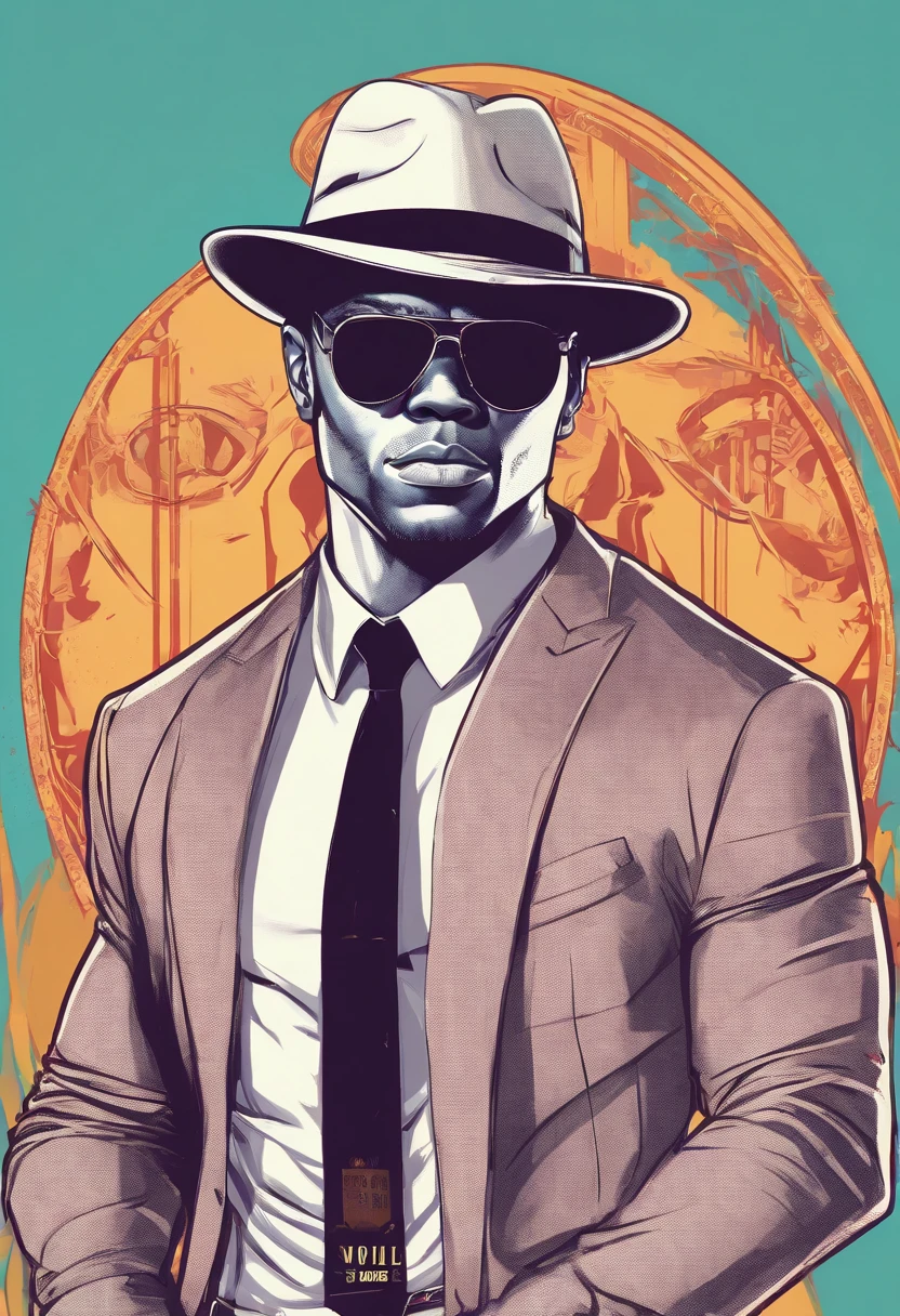 cartoon artstyle, cartoon artstyle, in digital illustration style, highly detailed character design,, Portrait Character Design, beautiful digital illustrations, high quality portrait, Cartoon art, Portrait of a character design、Adult males、bule、Hair color、argent、Black sunglasses、Black hat、white t-shirts、Cartoon style illustration of a black suit