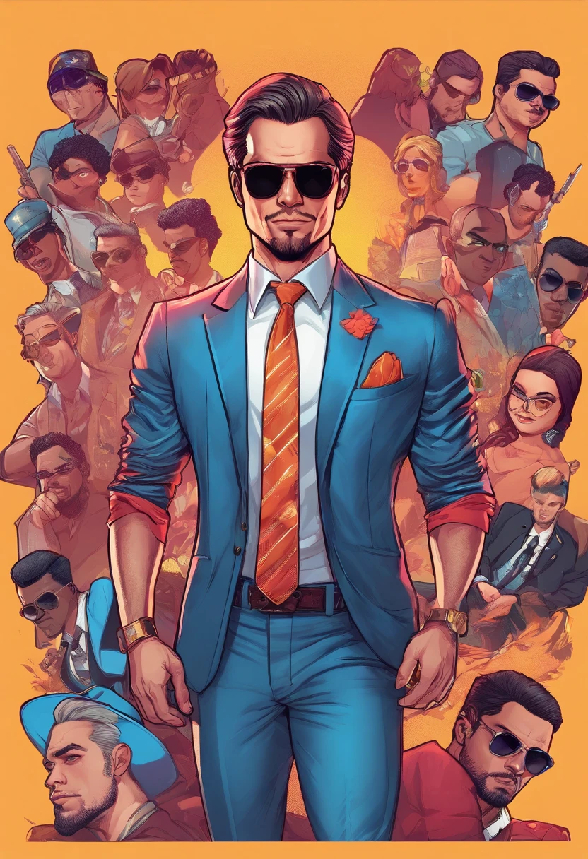 cartoon artstyle, cartoon artstyle, in digital illustration style, highly detailed character design,, Portrait Character Design, beautiful digital illustrations, high quality portrait, Cartoon art, Portrait of a character design、Adult males、bule、Hair color、argent、Black sunglasses、Black hat、white t-shirts、Cartoon style illustration of a black suit