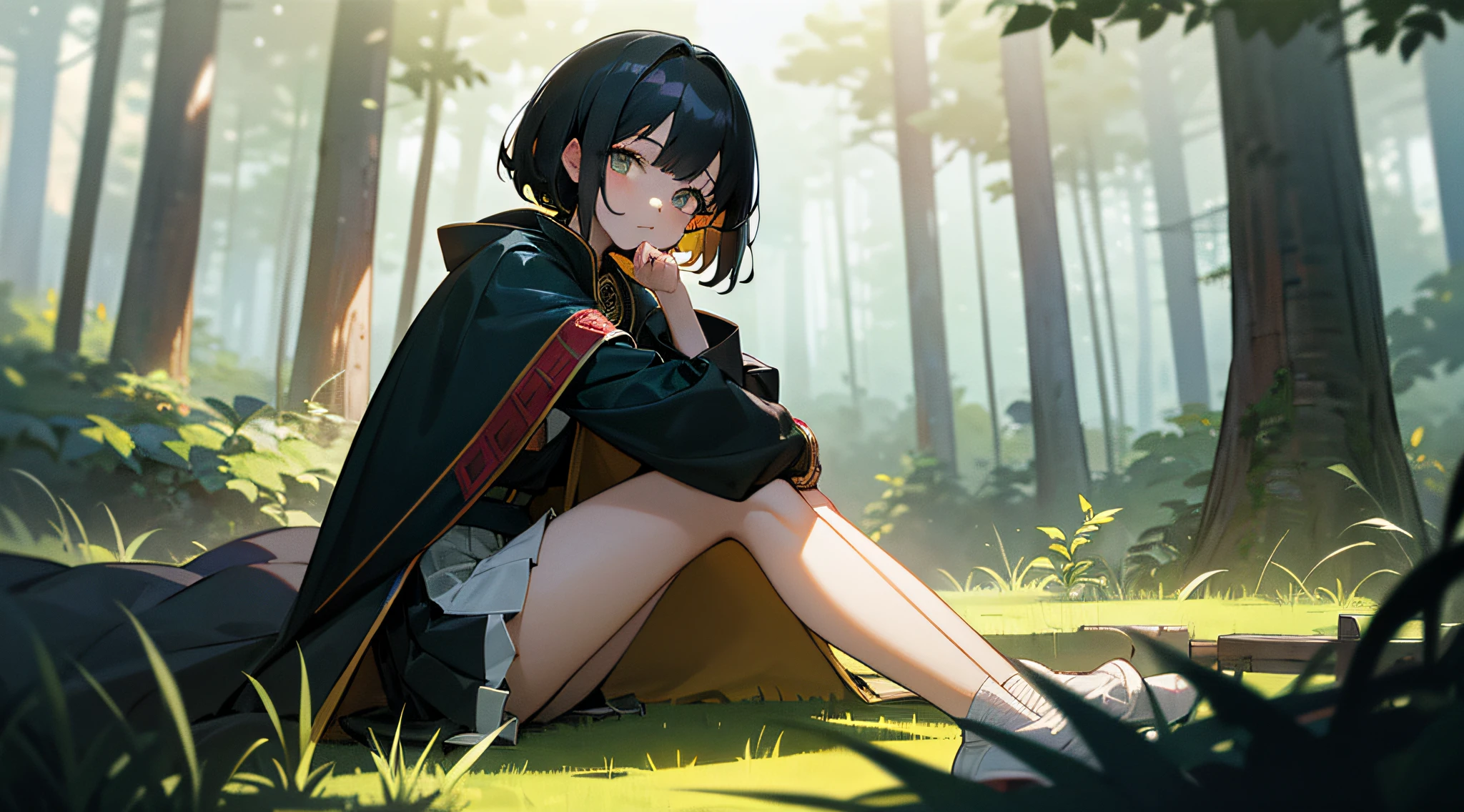1girl,short black hair,jade eyes,medieval coat,box pleats skirt,sitting in kusa position,forest,sunray,high res,ultrasharp,8K,masterpiece,looking at viewer