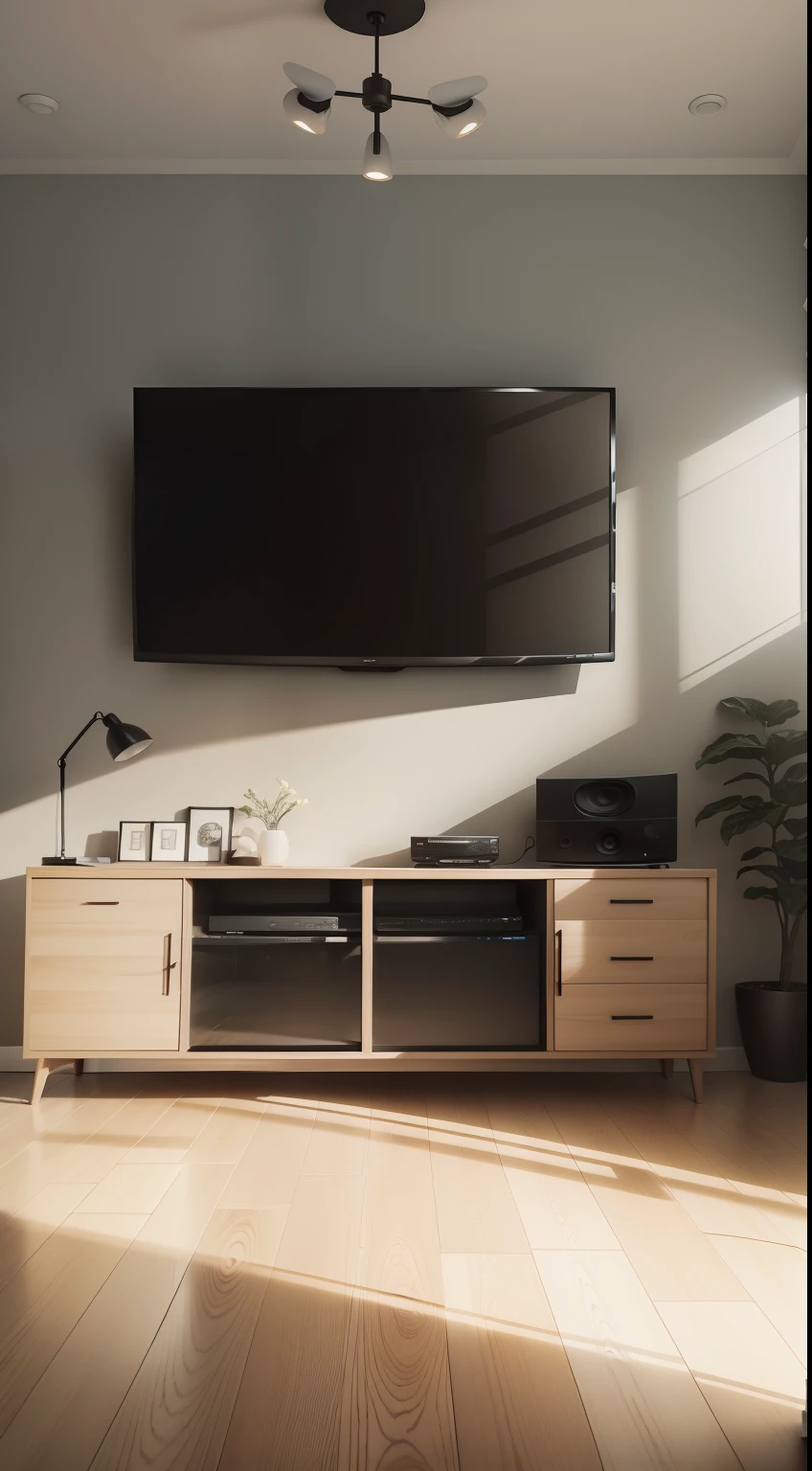 A wall，In the middle of the wall hangs a huge TV，The TV is right in the middle of the picture，There are only walls in the picture，Right in the middle of the picture is a huge TV，The TV is a black screen，The TV is surrounded by some usual furniture or wall decoration，The room was bright，