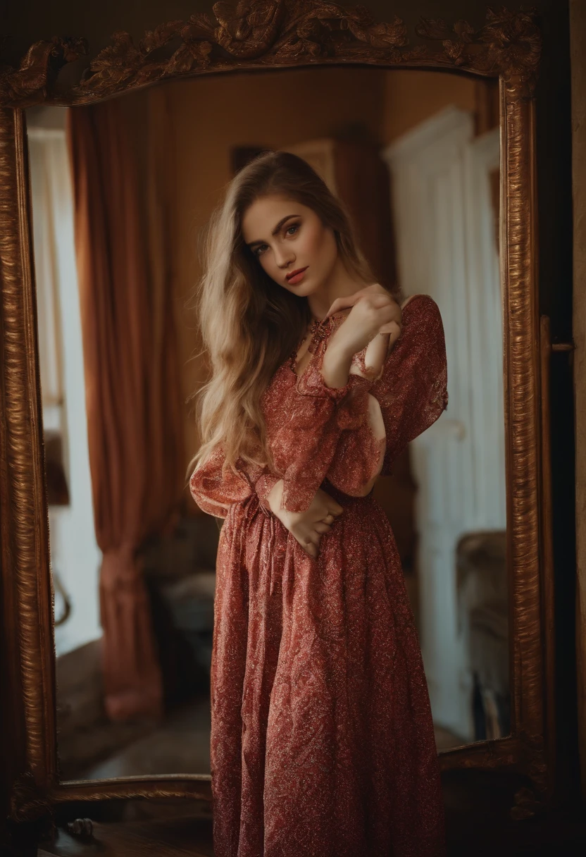 real girl, mirror selfie, 18 y, house clothes, russian, natural
