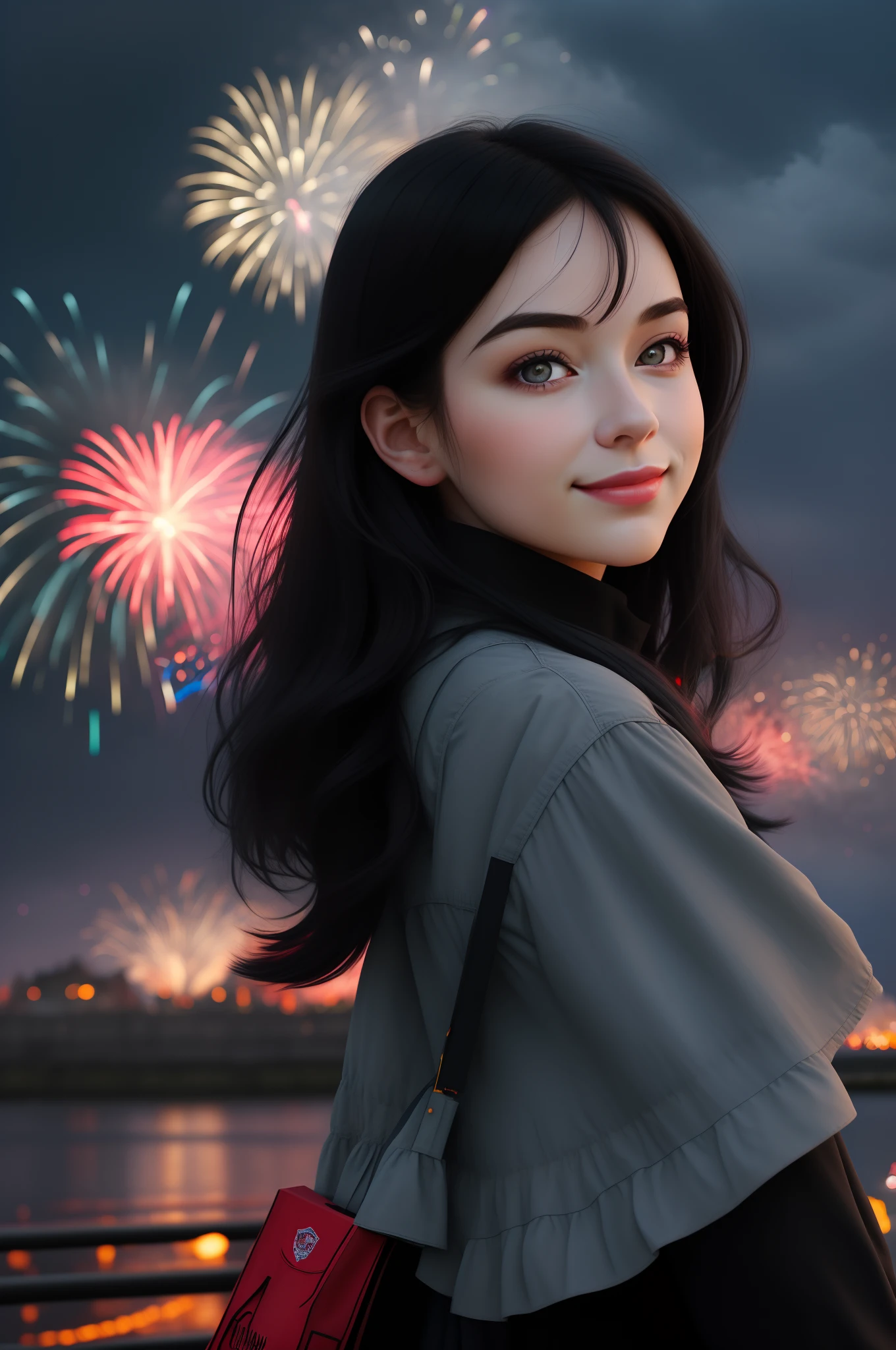 1girll，sideface，Sideways， Expose the whole body，Nice face，red pupils，Gray-black hair，Fireworks in bloom，Colorful fireworks，fire works，daysies，Floating in the sky，brightly，cheerfulness，Warm and soft lighting，early evening，Blue，light cloud，Bar cloud