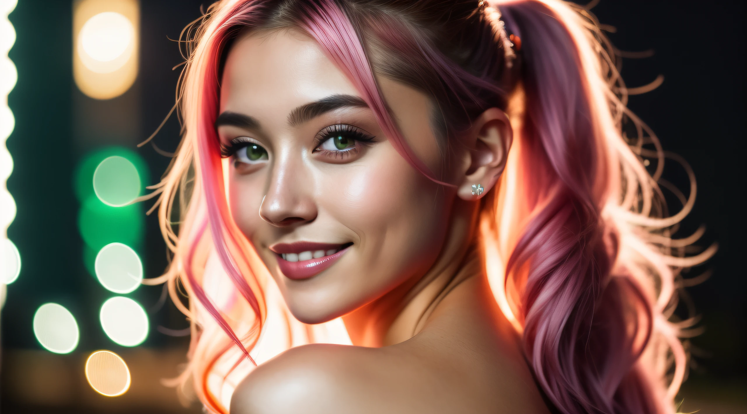 night scene, close up photo of a sexy naked girl, posing, look at a camera and smile, pink ponytail hair, (green eyes:0.8), cute young face, 18 yo, soft volumetric lights, (backlit:1.3), (cinematic:1.3), intricate details, (ArtStation:1.2)