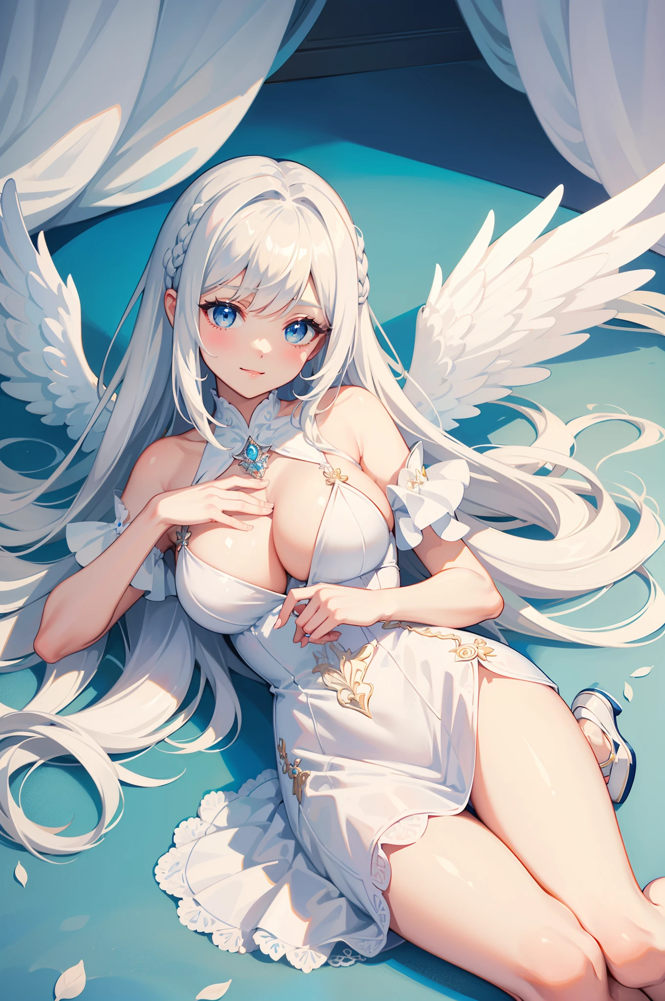 masterpiece, best quality, ultra -detailed, finely detail, White girl, angel, two big wings, white hair, blue eyes, sexy, sexy pose, pastel blue dress, full body, long hair, fringe, pastel blue dress, white shoes, acessories, wings on the back, lying down, smile, big lips, make up