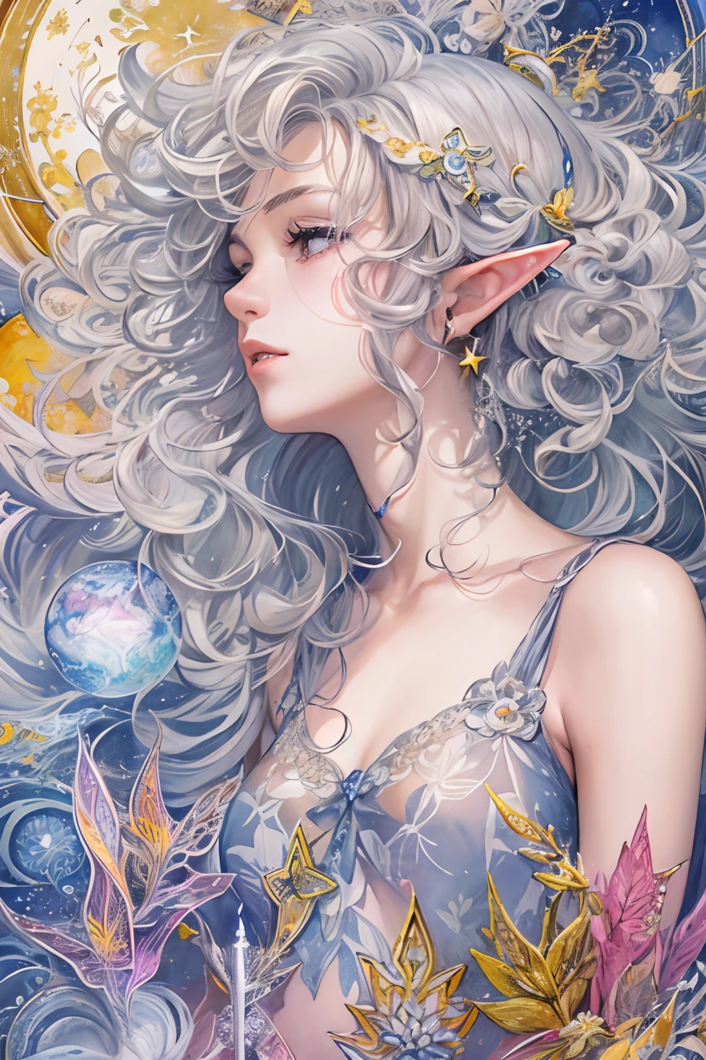 (tmasterpiece、top-quality、top-quality、watercolor paiting(curly)、offcial art、aestheticly pleasing:1.2)、(1girl in:1.3)、(Fractal art:1.3)、The upper part of the body、From the side Side、looking at viewert、patterns、(colorfulhair、Half-blonde，Half of the hair is silver:1.2)、Eau、liquids、​​clouds、Extremely colorful、starrysky、stone monument、tarot cards，the elf，