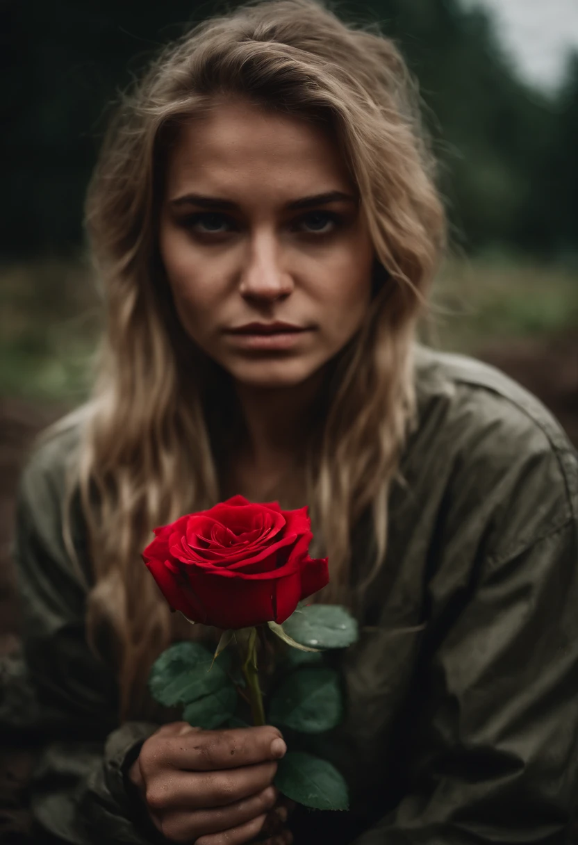 photography, a gorgeous 21 years old female on knees and crying by the dirty street, barefoot and wearing a military clothes, blond hair, clear eyes, tanned skin, the day is rainy and a lot of mud in the path, the feet are dirty and the hair to messed, cloudy day, ambient light, regular shadows, long hairs, green eyes, front view, tired face, destroyed scenario, perfect detailed, grabbing a red rose, bokeh effect closing on the face framework, sad place, improvising graves around showing the crosses, fall, polaroid portrait