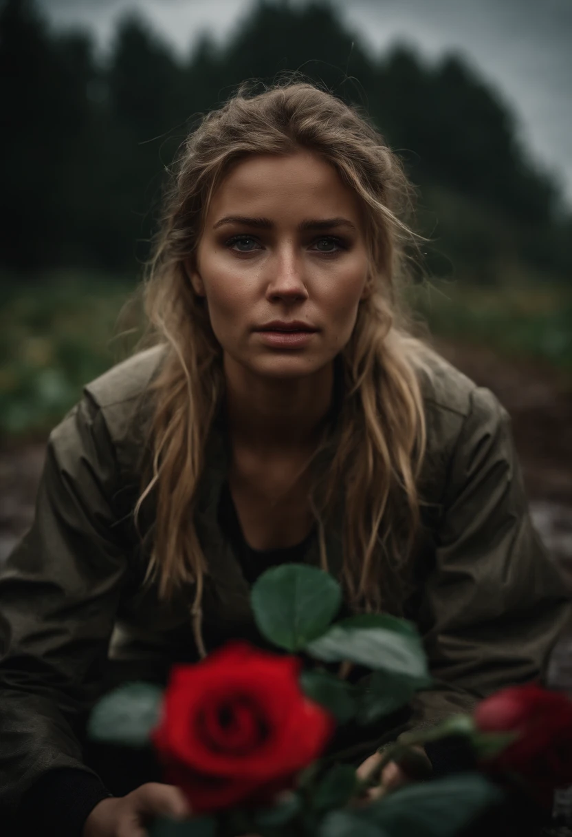 photography, a gorgeous 21 years old female on knees and crying by the dirty street, barefoot and wearing a military clothes, blond hair, clear eyes, tanned skin, the day is rainy and a lot of mud in the path, the feet are dirty and the hair to messed, cloudy day, ambient light, regular shadows, long hairs, green eyes, front view, tired face, destroyed scenario, perfect detailed, grabbing a red rose, bokeh effect closing on the face framework, sad place, improvising graves around showing the crosses, fall, polaroid portrait