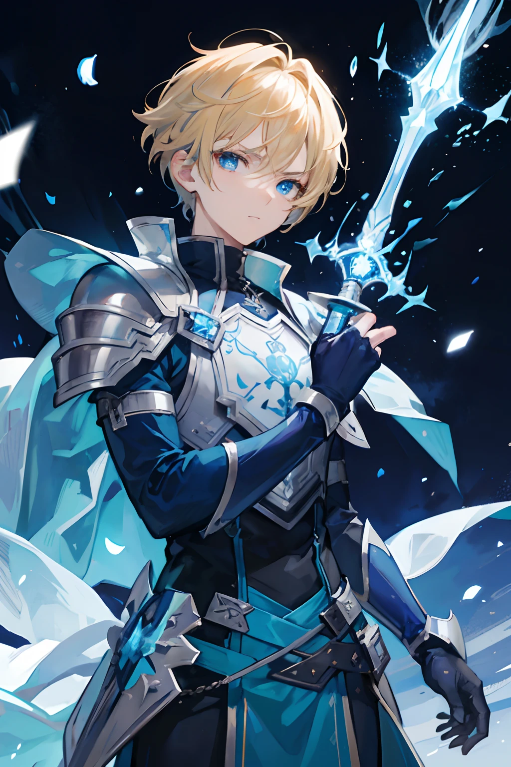 Froy Gutierrez holding a blue shining sword from its hilt, wearing a blue coat, pair of gauntlets, blonde short hair, upper body, cold and furious facial features, blue eyes, with a lighting in the background, Anime art style