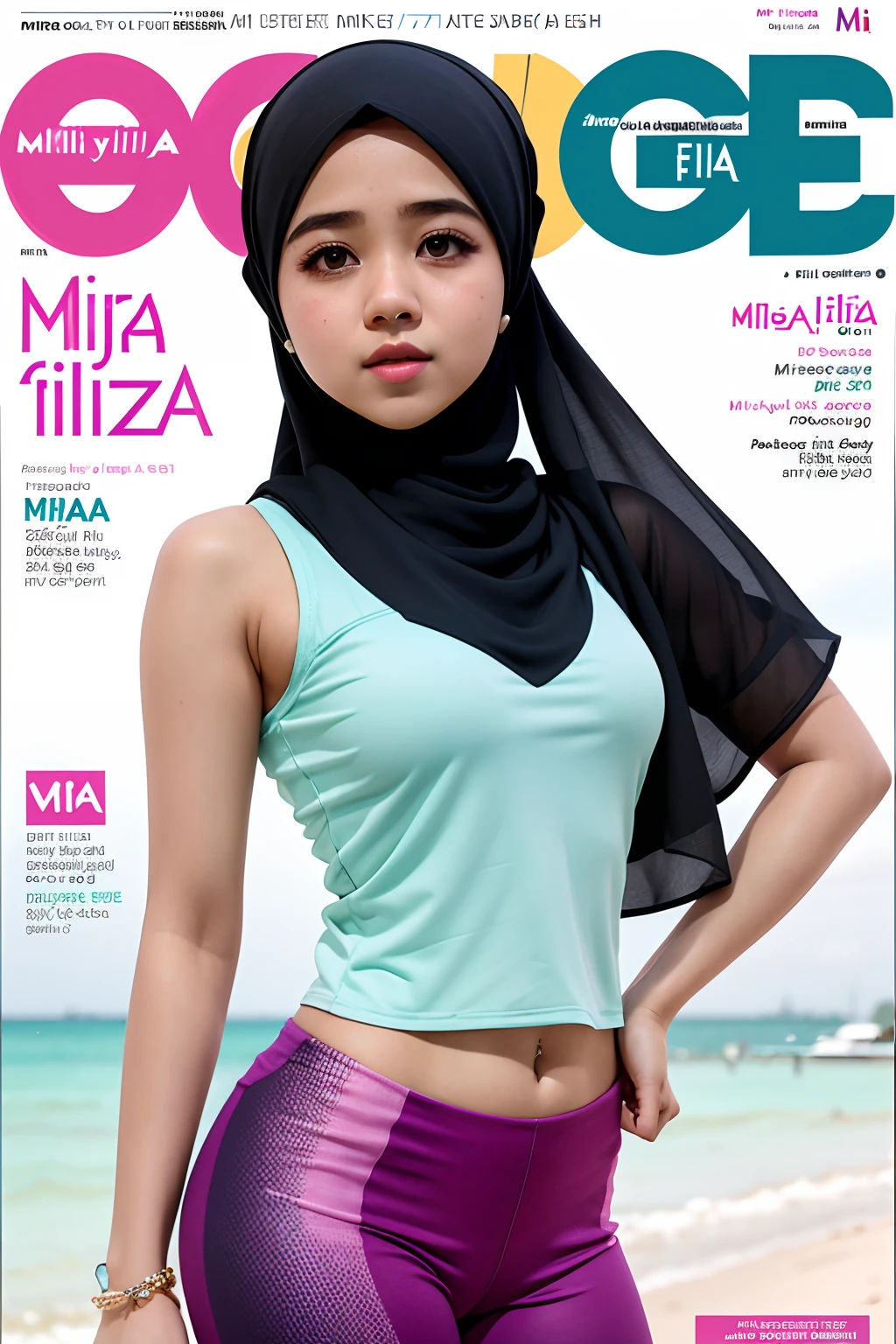masterpiece, best quality, malay girl, colorful hijab, colorful bra and panties, outdoor, magazine cover ,upper body,