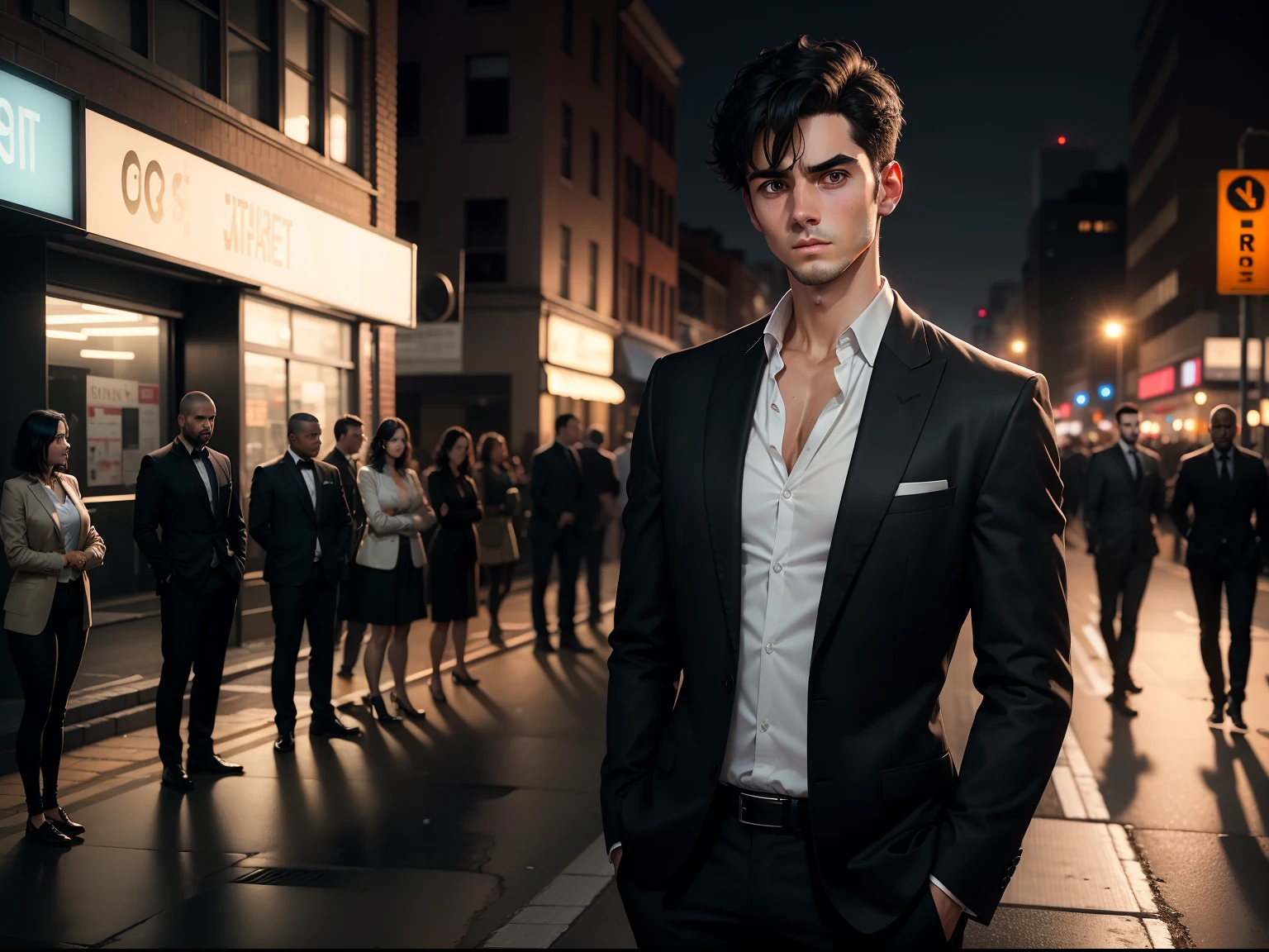 realistic 8k image of a slim 25-year-old man, short black hair, wearing a black blazer with a white blouse underneath, tense expression, standing on the sidewalk waiting to cross the street, night scene