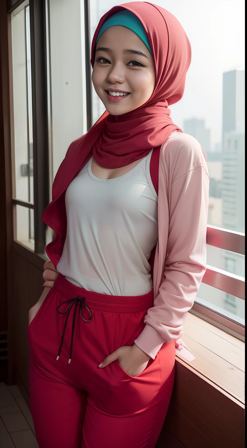 mira filzah seat and laughing, wearing jacket with pastel color singlet and nighttime restaurant, wearing ( red ThaiElephantHaremPants:1.3), (mira filzah:1.2), wearing hijab, pastel color hijab, small breast, flat chest, bright lighting, slim,