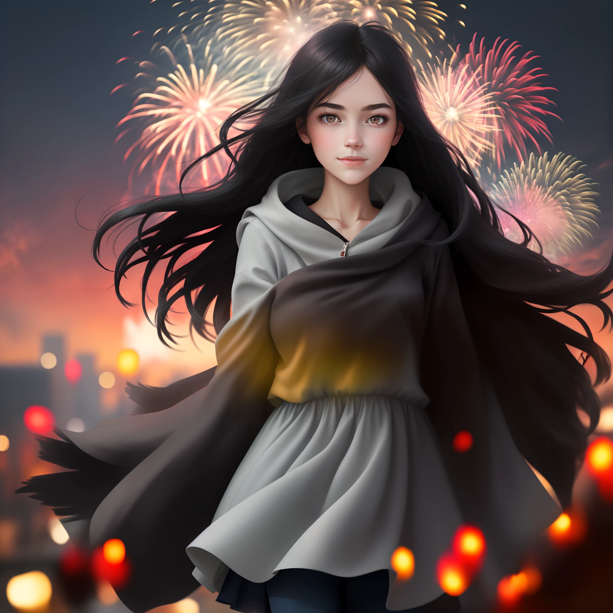 1girll,sideface,Sideways, Expose the whole body,Nice face,red pupils,Gray-black hair,Fireworks in bloom,Colorful fireworks,fire works,daysies,Floating in the sky,brightly,cheerfulness,Warm and soft lighting,early evening,Blue,light cloud,Bar cloud