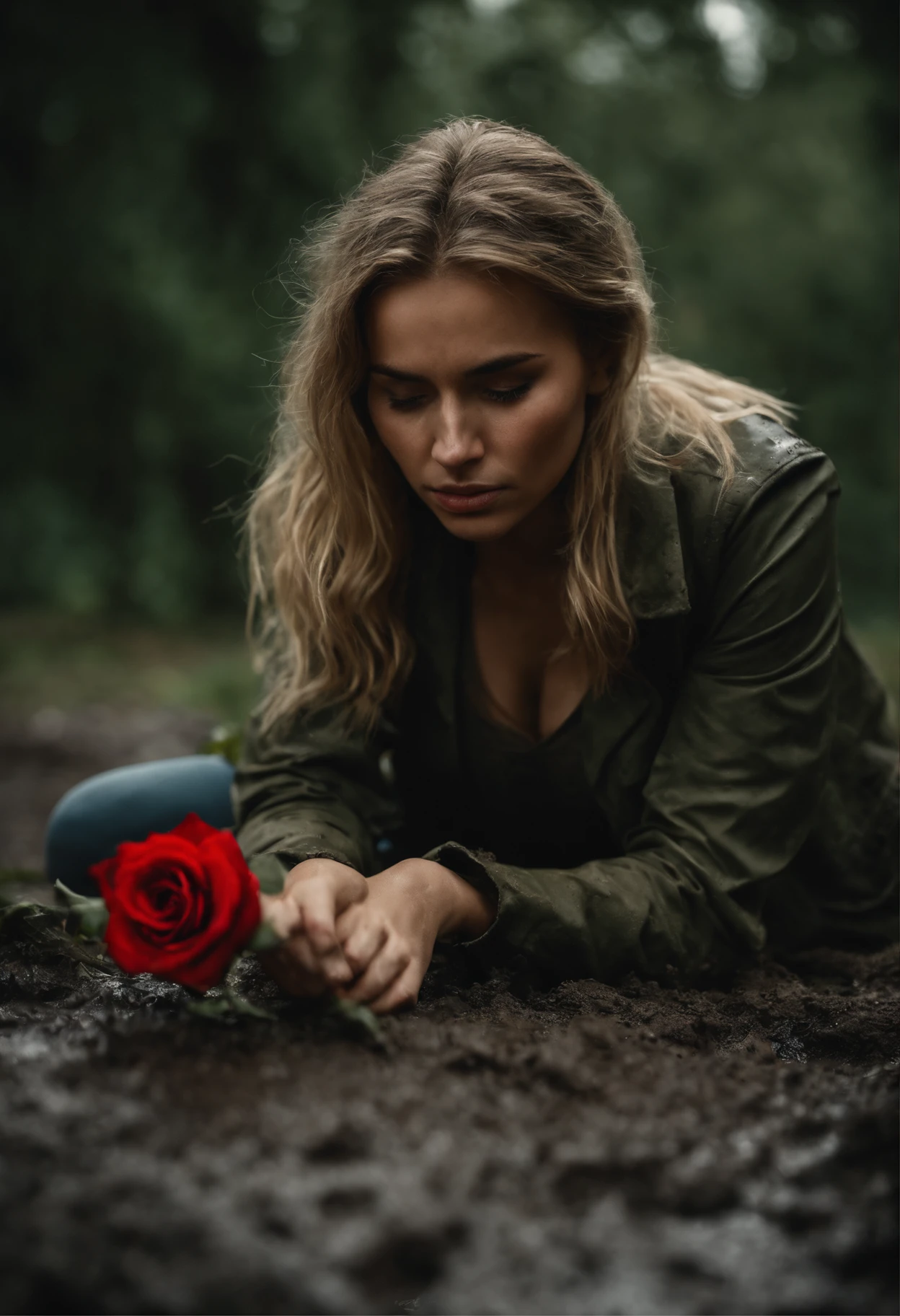 photography, a gorgeous 21 years old female on knees and crying by the dirty street, barefoot and wearing a military clothes, blond hair, clear eyes, tanned skin, the day is rainy and a lot of mud in the path, the feet are dirty and the hair to messed, cloudy day, ambient light, regular shadows, long hairs, green eyes, front view, tired face, destroyed scenario, perfect detailed, grabbing a red rose, bokeh effect closing on the face framework, sad place, improvising graves around showing the crosses, fall, polaroid portrait