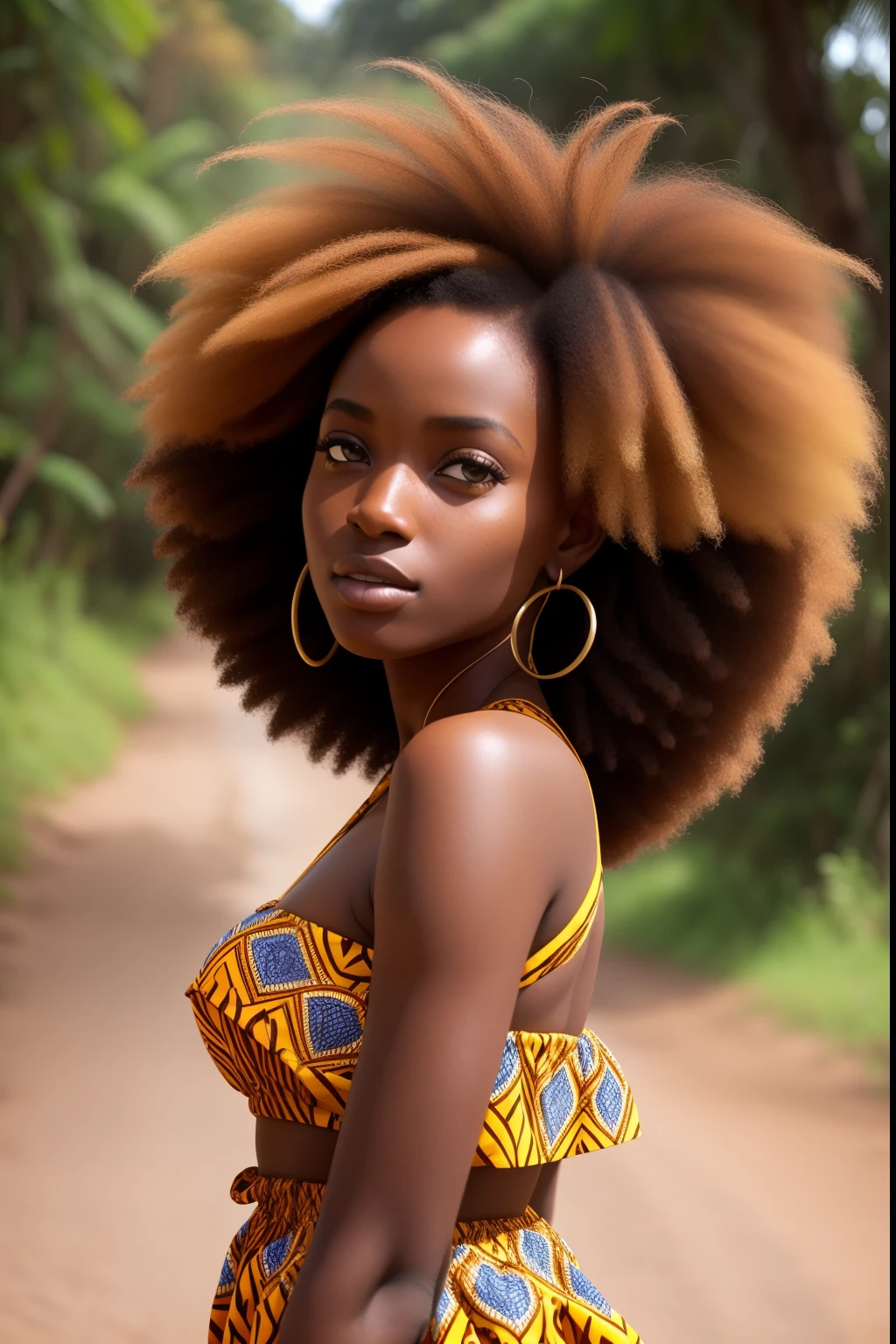 uma menina africana africana pele marrom escura:2, andando na estrada, mega hair, cabelos longos, folhas ao vento, imagem intrigante cores vividas, vestido longos, Sharp image, rosto de modelo, 8k, imagem profissional,