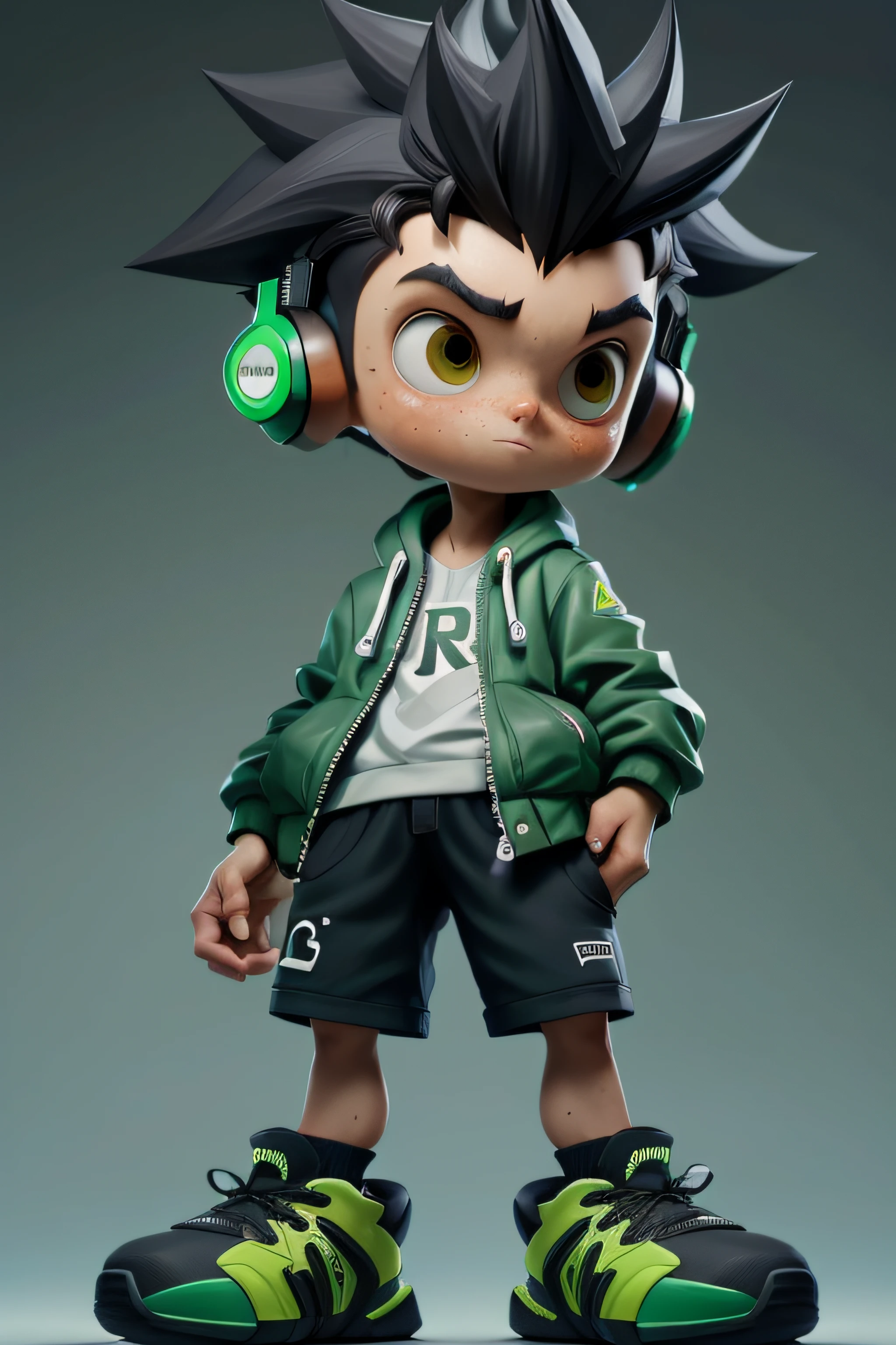 masterpiece, best quality, 8k, cinematic light, ultra high res, chibi, 1boy, shorts, black hair, headphones, bag, spiked hair, green jacket, shoes, brown eyes, (full body:1.2), freckles, standing,