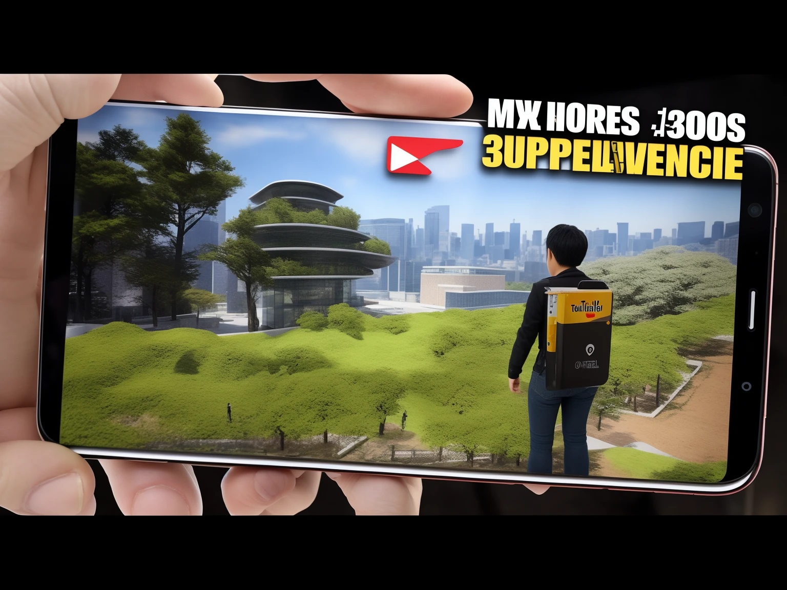 a person holding a phone with a picture of a building in the background, Miniatura do YouTube, 8K分辨率", super realista", MMO, muito definido, motor irreal", motor irreal ", ((((Motor irreal)))), fotorreal", 8k)), The most epic