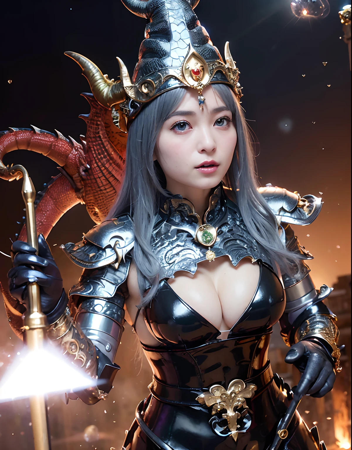 ((World of Darkness)),Professional , ​masterpiece、top-quality、photos realistic , depth of fields 、(((With a magic wand of gems))),（Dragon White Metal Body:1.9),(latexsilver-blue、（cleavage of the breast）（Fight dragons）、、(((Particles of light))),（Micro Bikini Armor:1.7),Gorgeous gold weapons ,（Fight dragons）、Seductive look、（blood splattere、（(((With a magic wand))), ） , (((Wearing a black latex wizard hat))),（demonic wings）   ,（（a blond））、（Castle background）、（（Gangle's forest background））、Beautiful Caucasian beauty、１a person、dynamic ungle,(((Detailed and ornate dragon wizard hat)))、Smaller head、A smile、Castle background、Thin and beautiful female hands、cleavage of the breast、Soldier in iron armor on background、Mystical expression、Light Effects、intense fighting、Wind-effect、magic circles、With the legendary magic wand、Dragon's tail、explosions、Toostock、Toostock、