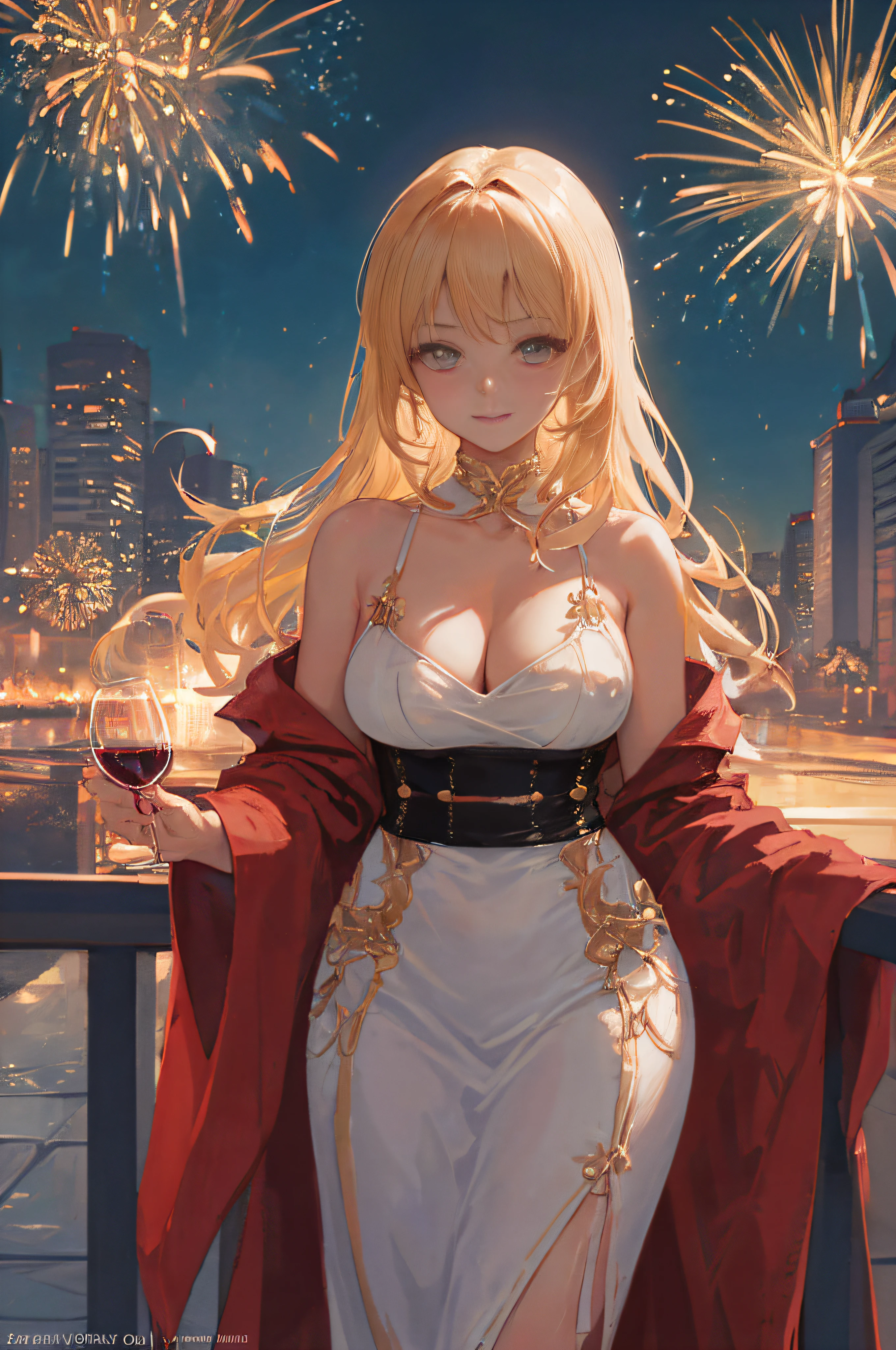 ((A sexy and beautiful woman holding a wine glass and looking at me on the terrace)), ((The cutest 22-year-old beauty)), Charming smile, ((Fireworks in the background) ), ((Very long hair) ), ((One piece with a lot of exposed parts)), ((Rich bust)), Gradient eyes, Seductive makeup, Single view, NFFSW, UHD, Retina, Masterpiece, Accurate, Anatomy Scientifically correct, textured skin, super detail, high detail, high quality, award winning, highest quality, high resolution, 1080P, HD, 4K, 8k, 16k