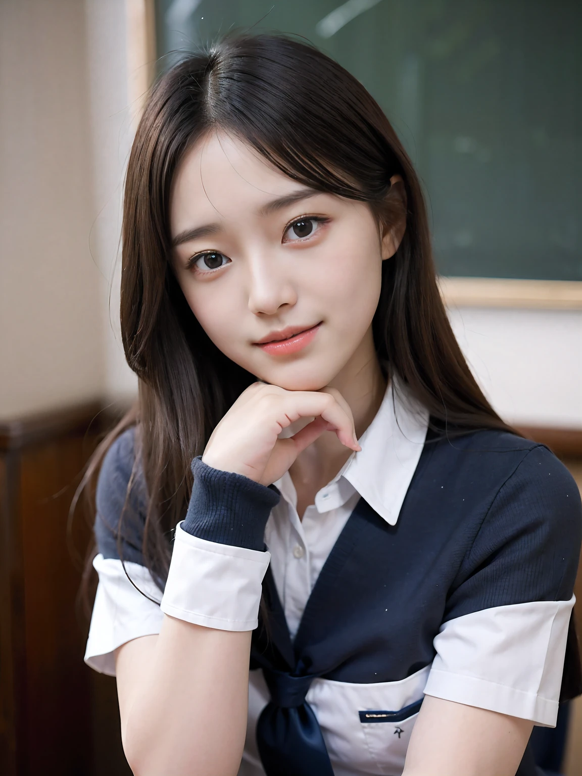 (school uniform:1.5), (Photorealistic:1.4), (Best quality:1.0), (超高分辨率:1.0), 8K, RAW photo, (Masterpiece:0.2), Ultra-detailed, Close short, 1girll, Beautiful skin, Detailed skin, view the viewer, full bodyesbian, (Long hair:1), Smile, (Closed mouth:1)