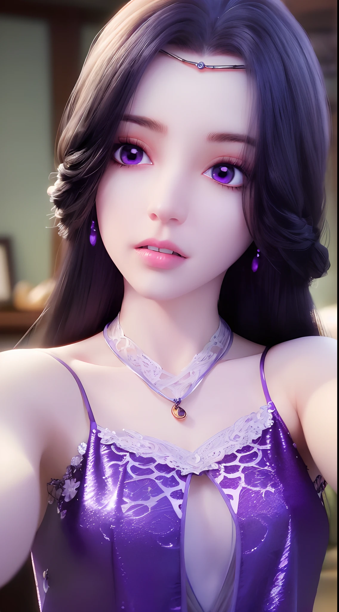 A beautiful sexy 20 year old girl, ((Wearing pajamas to cover her big, round breasts:1.8)), Extremely voluptuous girl in a small camisole, long hair and purple bangs, most beautiful and detailed hair jewelry, ((wearing a light purple lace necklace:1.6)), Super cute little face Extremely beautiful face, thin eyebrows, the most beautiful and flawless face, ((black eye pupil:0.8)), very beautiful eyes, ((purple eyes:1.4)), hairy beautiful and detailed makeup eyelashes, high nose, earrings,thin lips, plump red lips, ban on laughing, beautiful lips, slender arms, The most beautiful thighs, ((2 arms reaching out to the sides: 1.5)), healthy limbs, rosy face, clean face, beautiful face without blemishes, smooth white skin, (big breasts: 1.5)), Blums breasts, beautiful cleavage, ((big and super round breasts: 1.8)), ((super tight breasts: 1.4)), ((breast augmentation: 1.6)), beautiful breasts, 2 hands behind your back, upper body of a beautiful girl, 8k photo, super high quality, super realistic, 10x super pixels, actual photo, dark studio, border light, two-tone lighting color, (high detail skin: 1.2), 8k ultra, soft light, high quality, volumetric light, candid, Photo, high resolution, light, best photo, 4k quality, 8k, bokeh, Smooth and sharp, 10x pixelated, (galaxy: 1.7), aurora, lightning, super graphics, most realistic graphics, alone, solo, Extremely sharp, surreal image, ((frontal portrait :1.2))."