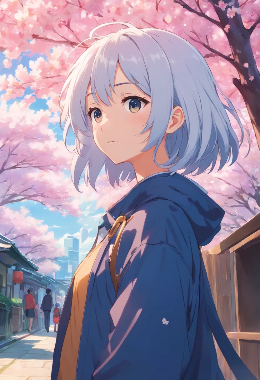 A white hair anime handsome, good looking yet mature boy wearing dark blue jacket , palms in the bunk of a large cherry blossom tree, he is looking at it . sakuras are scattering in the wind . an pretty anime girl with long black hair standing at a distant with her back to the boy . wind is blowing , she looks back holding the locks of her hair